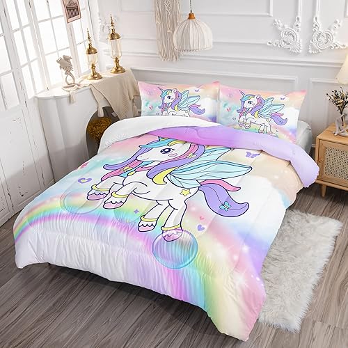 Miniatura 2 de Juego de edredón de unicornio para niñas, juego de ropa de cama de mariposa, juego de edredón de arco iris, tamaño individual con 1 edredón y 2