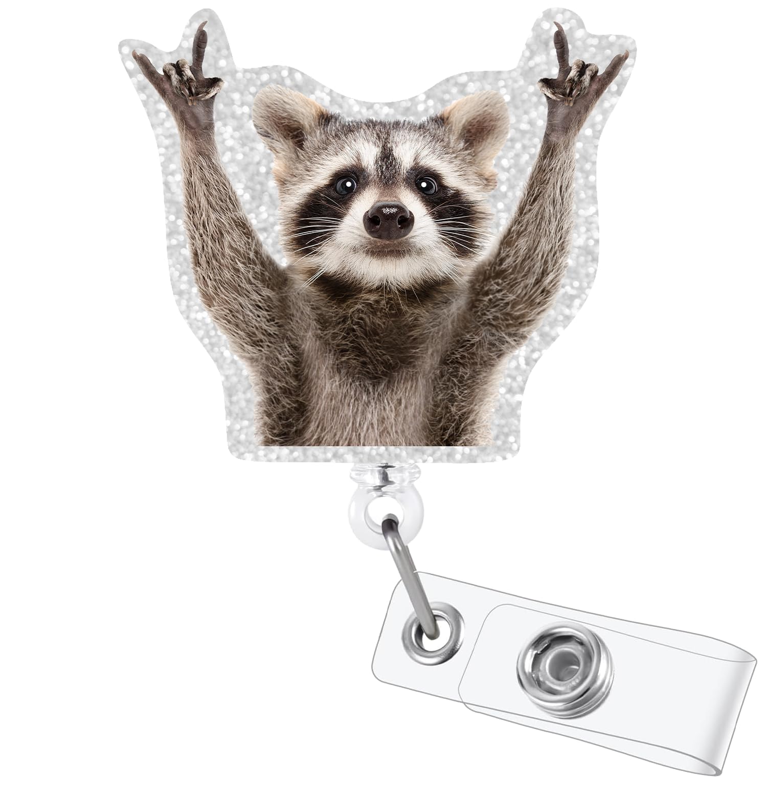 Rock Raccoon Retractable Badge Reel, Funny Glitter ID Clip Name Tag Card Gift for Nurses RN LPN CNA Medical ID Card Badge Holder Office Alligator Clip