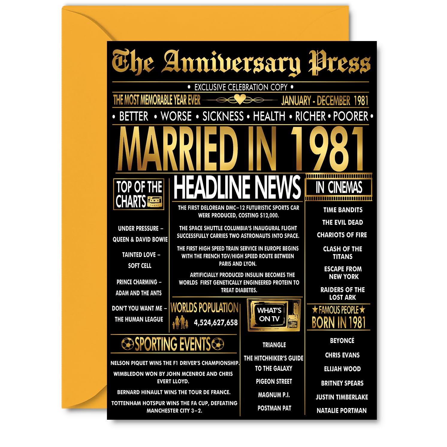 Gold 45th Anniversary Card for Men Women - Golden Newspaper Married in 1981-45 Year Wedding Anniversary Card for Husband Partner Wife Companion, A5 Anniversaries Greeting Cards
