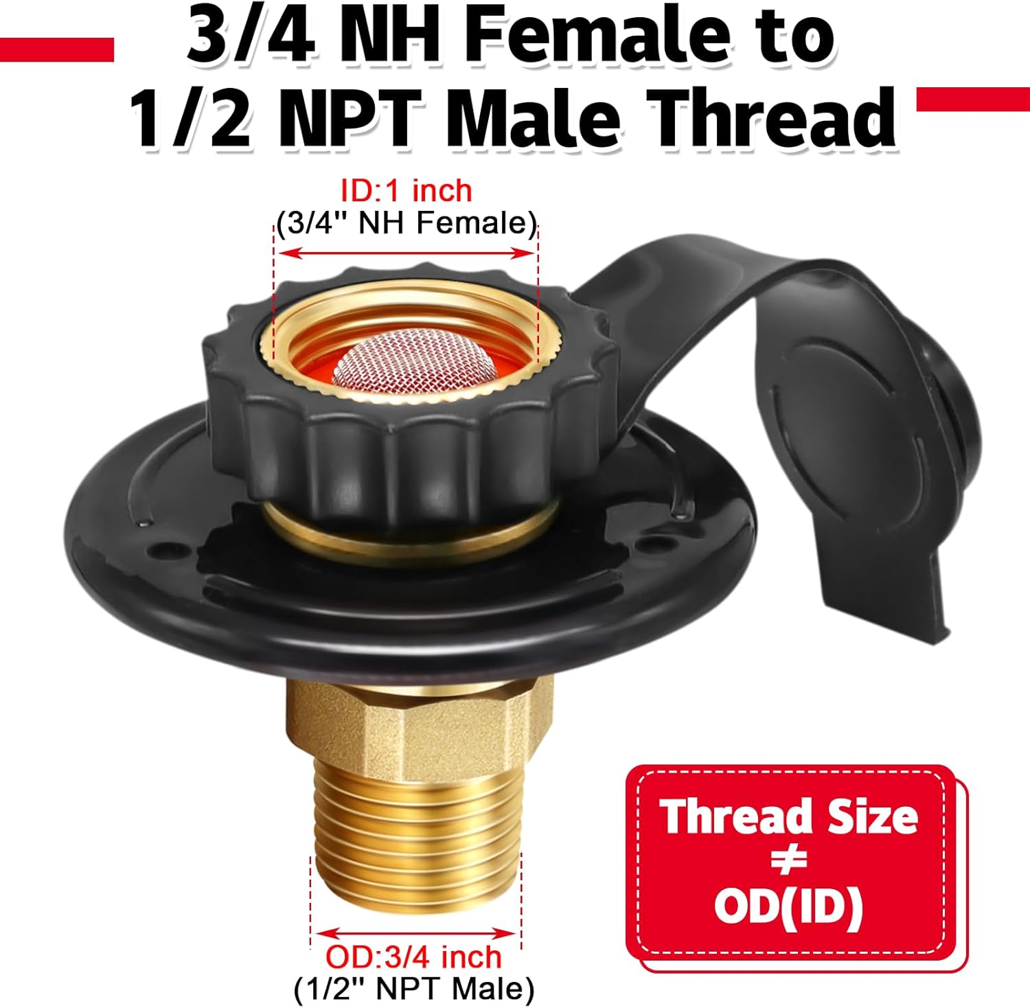 RV City Water Inlet with Check Valve, 3/4 NH Female to 1/2 NPT Male Black Flange RV Fresh Water Inlet, Lead-free Brass RV Water Connection Inlet with Dust Plug for RV Camper Motorhome Trailer Marine