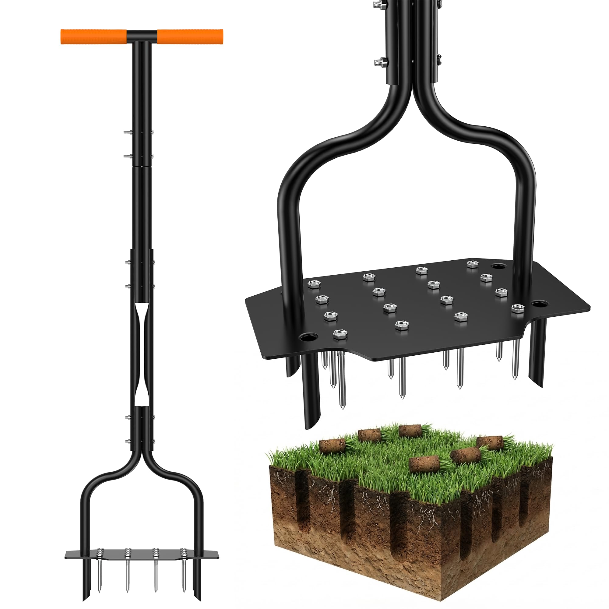 Handvertikutierer Rasenlüfter, Aerifizierer für Rasen Hohlspoon mit 20 Spikes (16 + 4 Hohlzinken), rostfreier Stahl, 100,5cm T-Griff & Fußhebel – manueller Rasenbelüfter für effiziente Rasenpflege