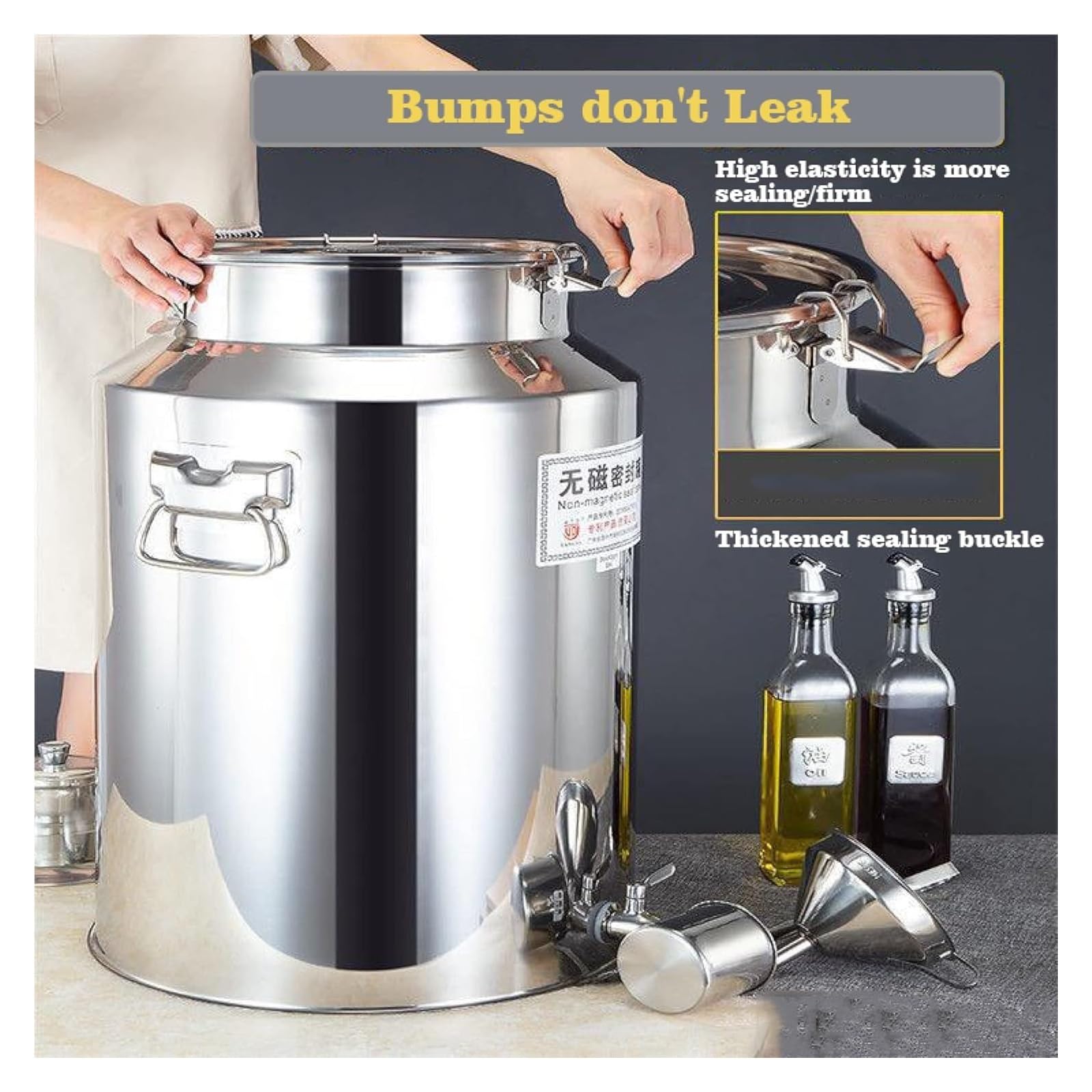 Recipiente de acero inoxidable 304 para leche con espiga, latas de transporte de leche resistentes, cubo de vino, aceite y agua, con tapa de sellado de silicona (35 L)