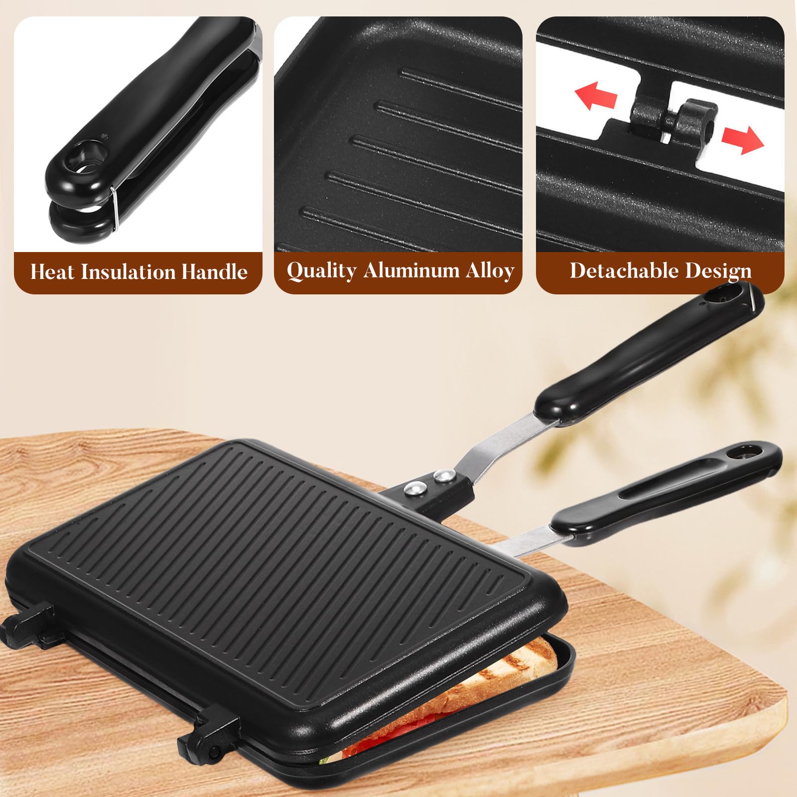 Sartén para Sándwich de Doble Cara Antiadherente Negra de Aluminio