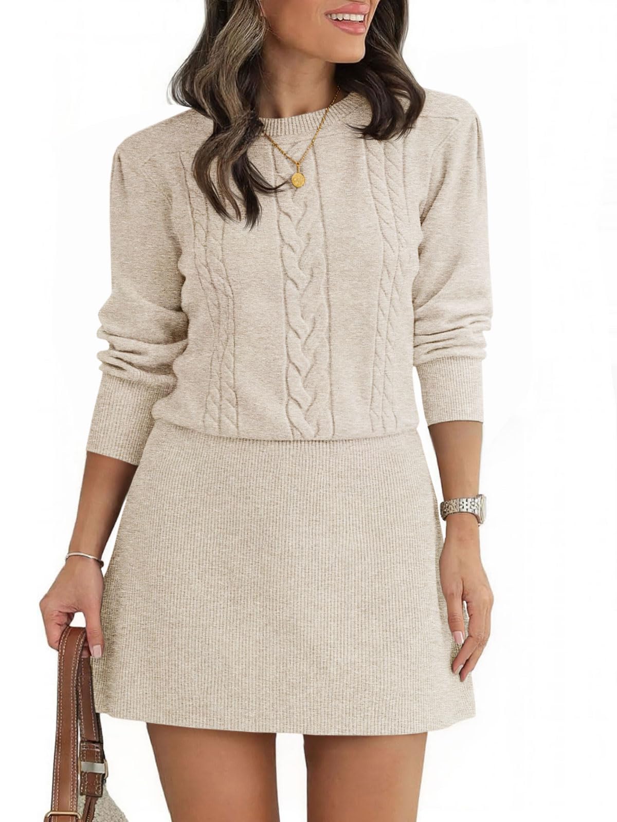 Saodimallsu Womens Puff Long Sleeve Sweater Dress Cable Knit A Line Crew Neck Fall Casual Flare Mini Dresses