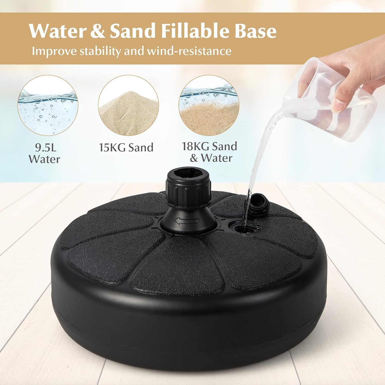 Questa Base per ombrellone Rotonda Resistente da 18 kg con palo da 38 mm, riempibile con Acqua e Sabbia, con Maniglia Integrata, è Ideale per tavoli da Mercato all'aperto.