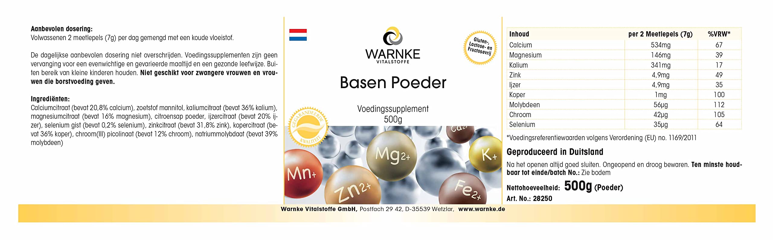 Polvo Alcalino 500g - Con 9 minerales y oligoelementos - Equilibrio ácido-base - Vegano | Warnke Vitalstoffe - Calidad de farmacia alemana