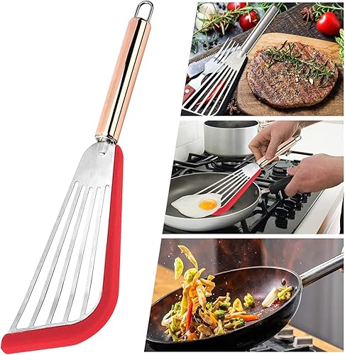 Espátula antiadherente de acero inoxidable con borde de silicona, espátula ranurada para cocina, de alta temperatura, borde suave, antiadherente,