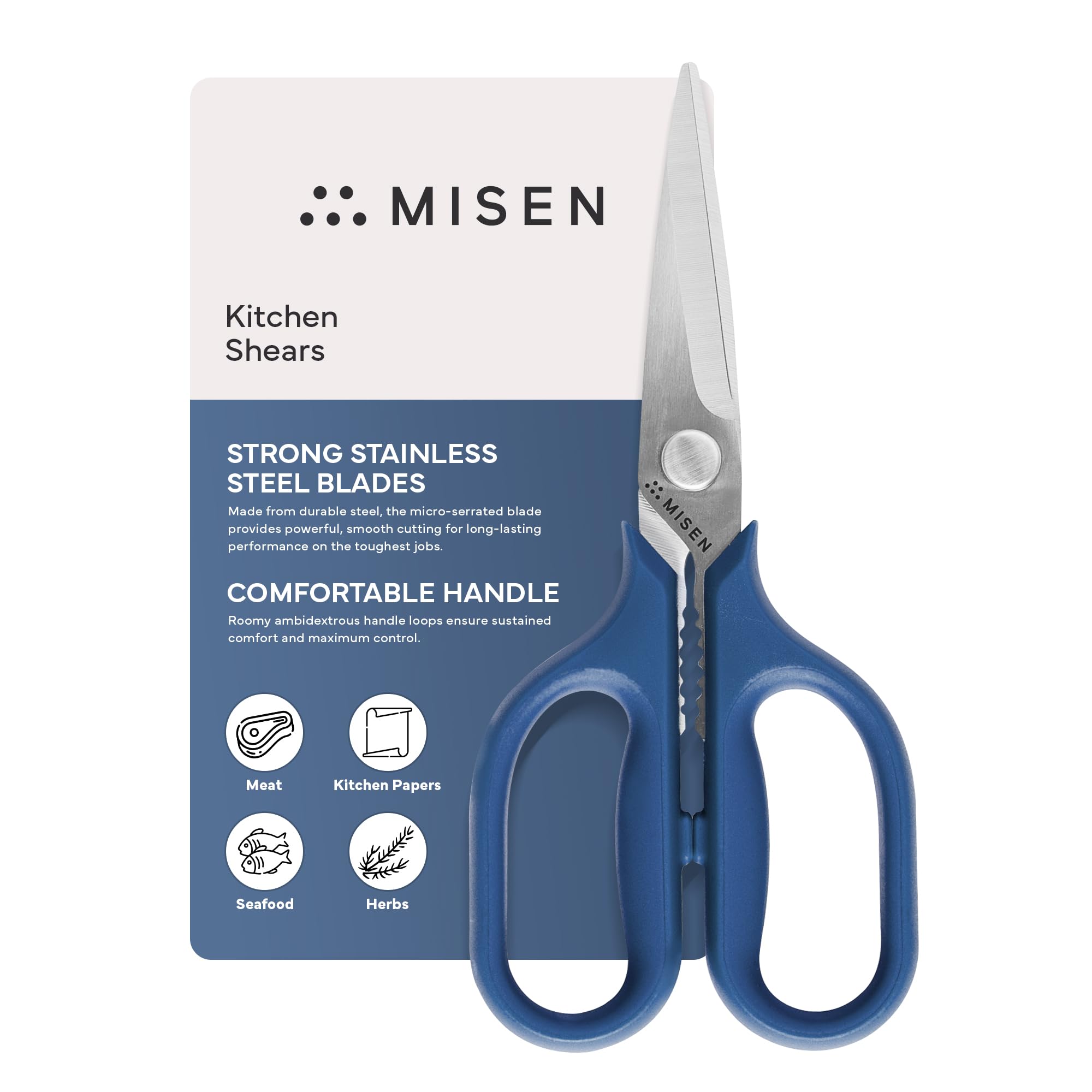 Misen Heavy Duty Kitchen Shears - Comfortable Ambidextrous Scissors for Meat, Poultry, Herbs &amp; More - Easy to Clean - German Stainless Steel - Small | Blue