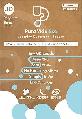 Pura Vida Eco Laundry Detergent Sheets - Wash Clothes Without Liquid Soap, Free and Clear, Unscented, Safe for Sensitive Skin, Baby Clothing,