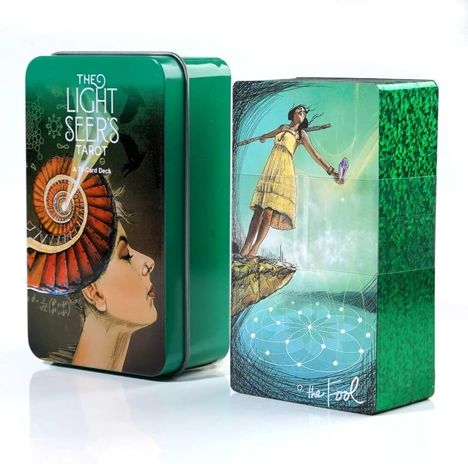Las cartas del tarot del vidente de luces, 78 unidades, baraja de cartas de tarot con lámina dorada en el borde, cartas de oráculo con guía de viaje y caja de metal para principiantes y lectores