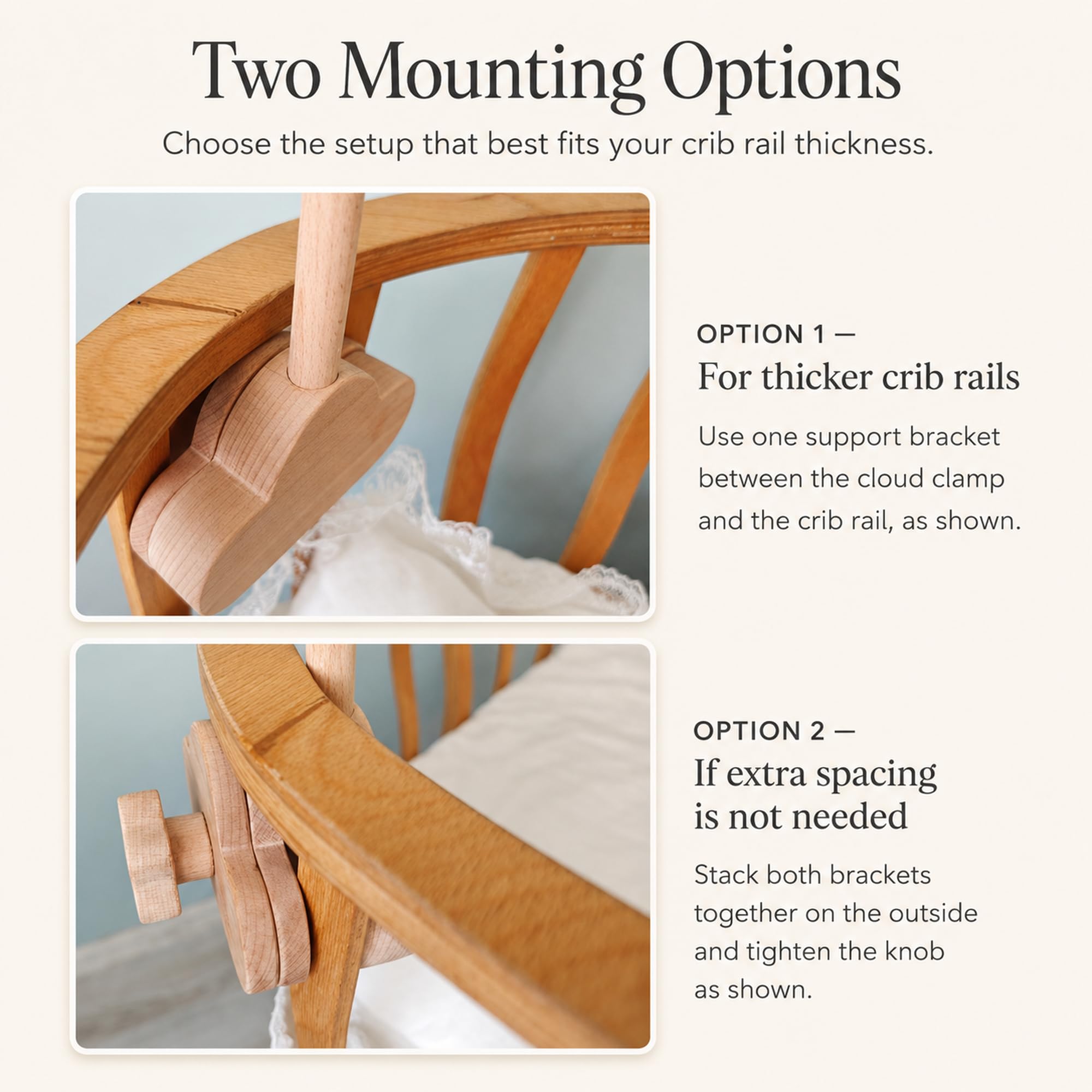 MOOGCO Crib Mobile Arm with Boucle Moon Cloud Star Mobile, 35.4 Inch Wooden Baby Holder Set, Cloud Clamp, Only Wood Touches Your Crib, Handmade, Natural