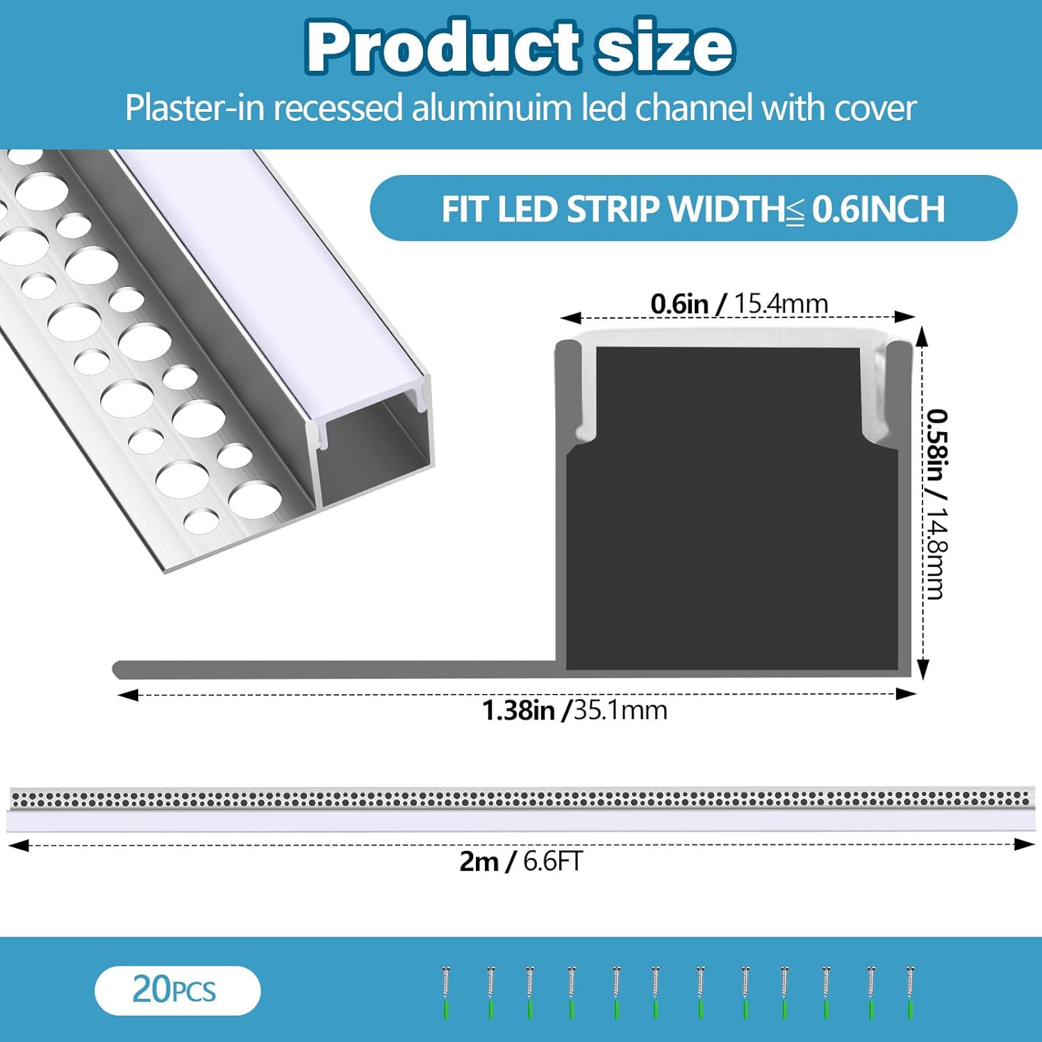 Glooglitter 20 Pcs 6.6ft/ 2 Meter Plaster in LED Channel Trimless Single Sided LED Diffuser Channel Recessed Drywall Aluminium Profile for Wall Drywall Ceiling (Flush Fit)
