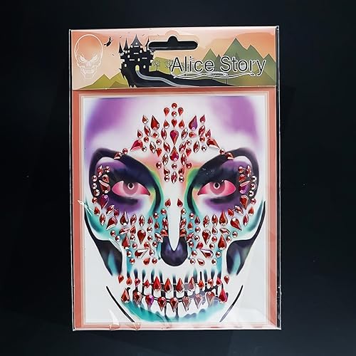 Miniatura 6 de Calcomanía de tatuaje con gemas de calavera para el Día de los Muertos y Halloween con purpurina roja temporal, calcomanías de diamantes de
