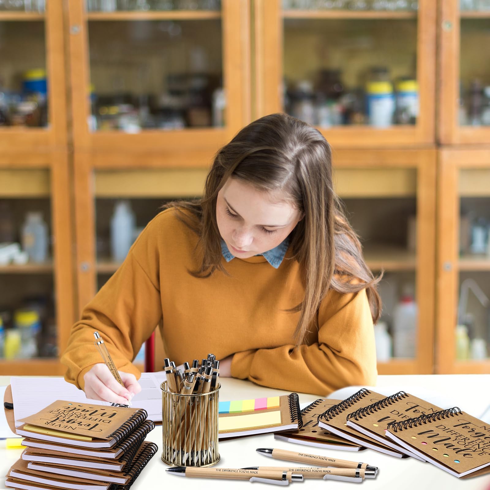 Inspirujące notatniki zespołowe, spiralne, planery tygodniowe, z bambusowymi długopisami i samoprzylepnymi notatnikami, prezenty dla pracowników, asystentów, nauczycieli, współpracowników