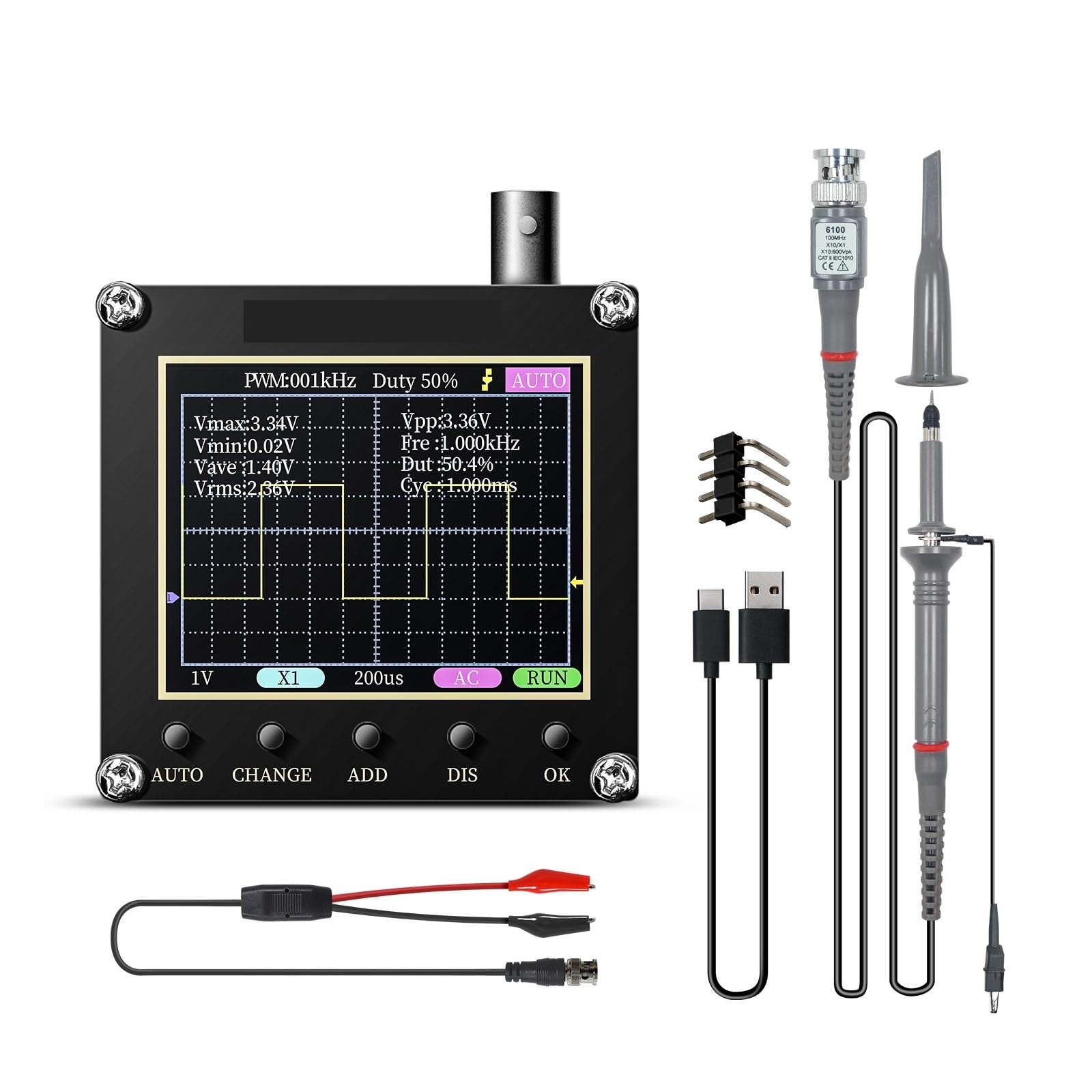 Osciloscopio digital portátil 2.5MSa/s 200KHz Ancho de banda analógico Actualización firmware Facilidad De MedicióN(With 10x Probe)