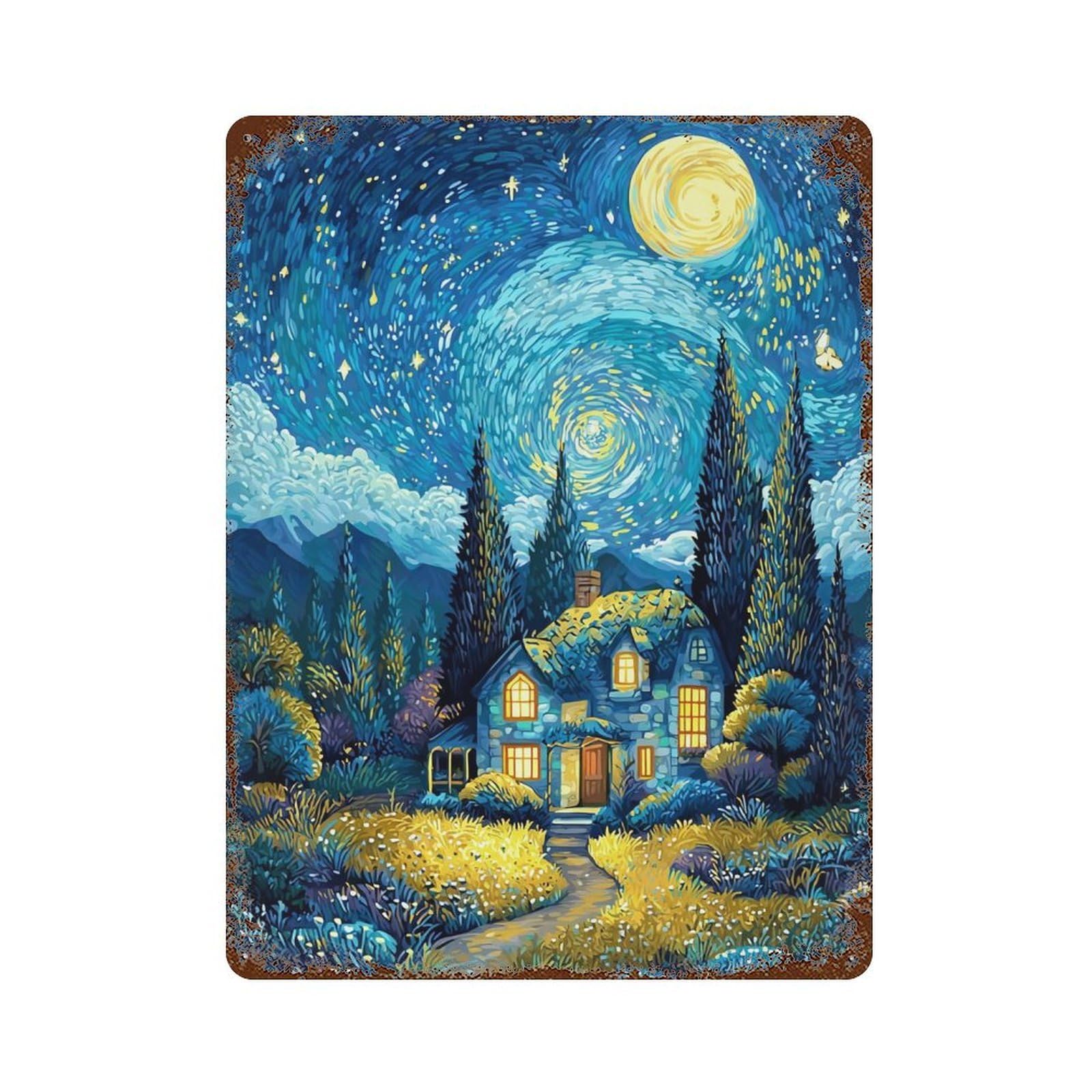 Rust Effect Starry Night Cottage Rustic Tin Plaque 15.7"x11.8", Old School Wall Decor for Shed, Workshop And Garage Wall Decor
