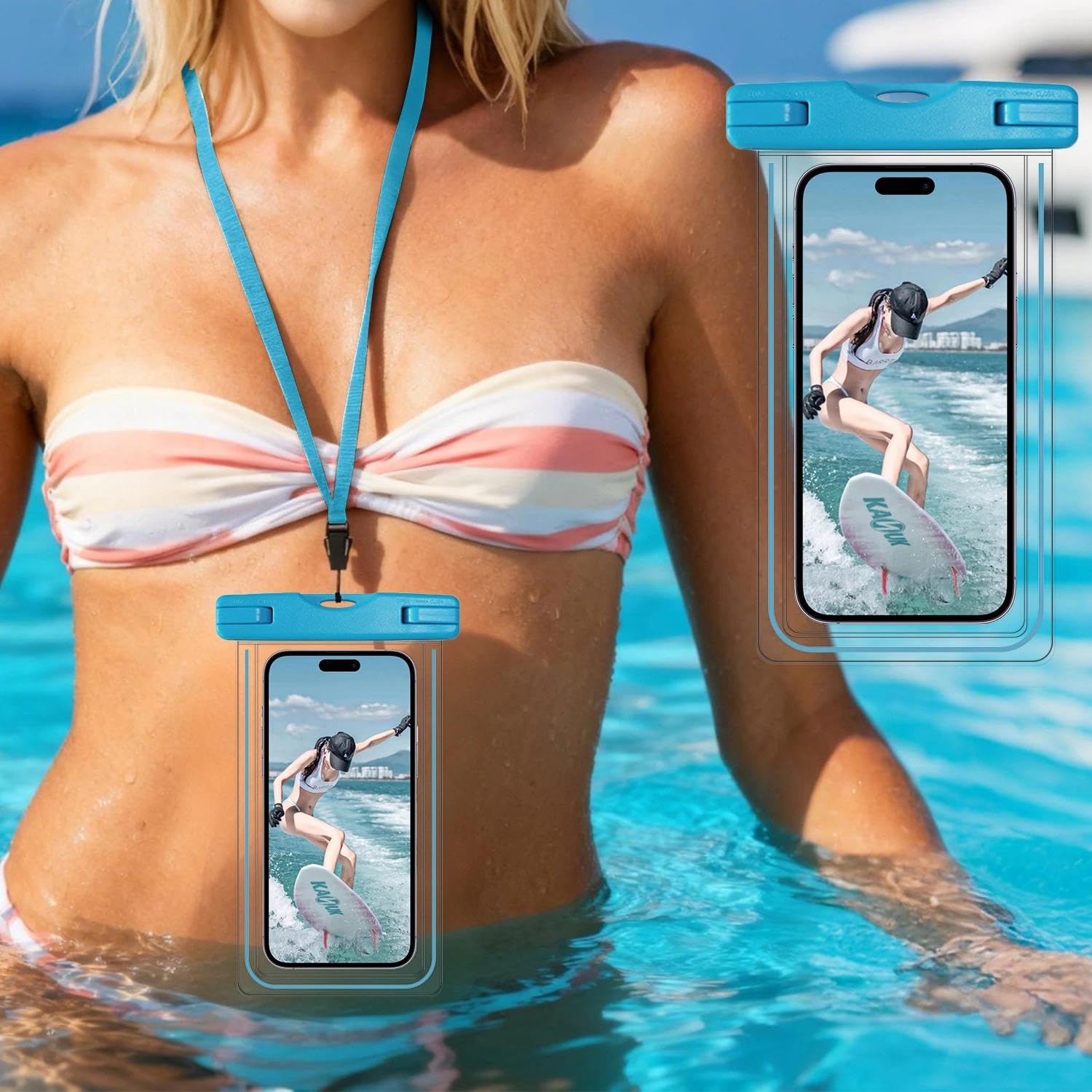 Waterproof Phone Pouch Glow Neon Universal Phone Case with Lanyard Dry Bag Swimming Snorkeling Rafting Beach Kayaking Travel Blue