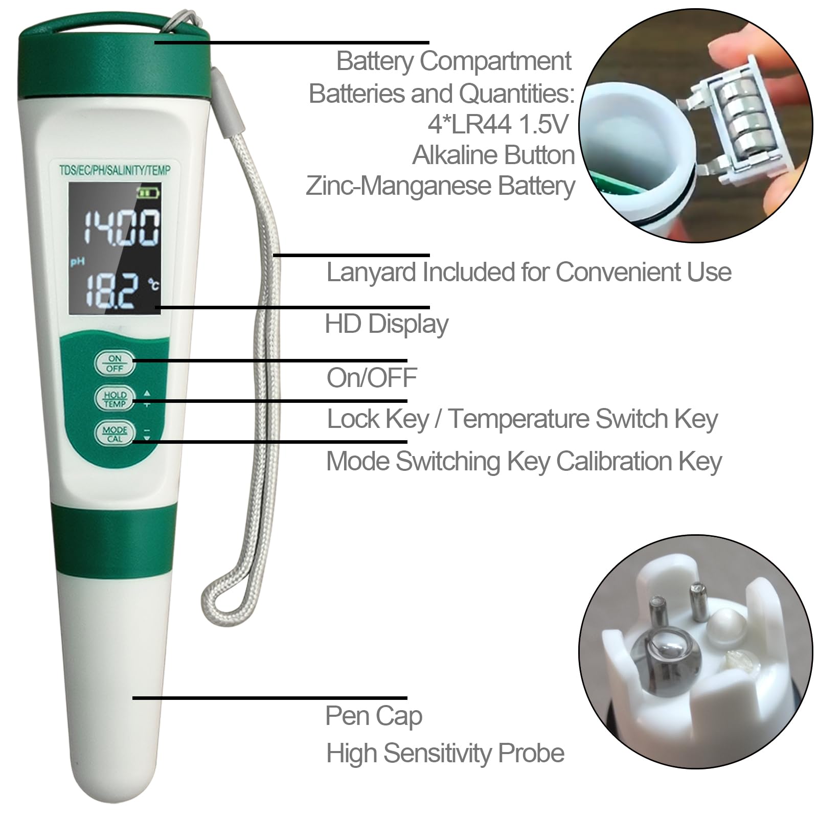 Display PH Meter Watter Tester 5 in 1, Funktionen: PH, TDS, EC, Salz, Temperatur, IP65 wasserdicht, hohe Genauigkeit mit 3 Kalibrierpulvern, für Salzwasserpool, Whirlpools, SPAs, Aquarium