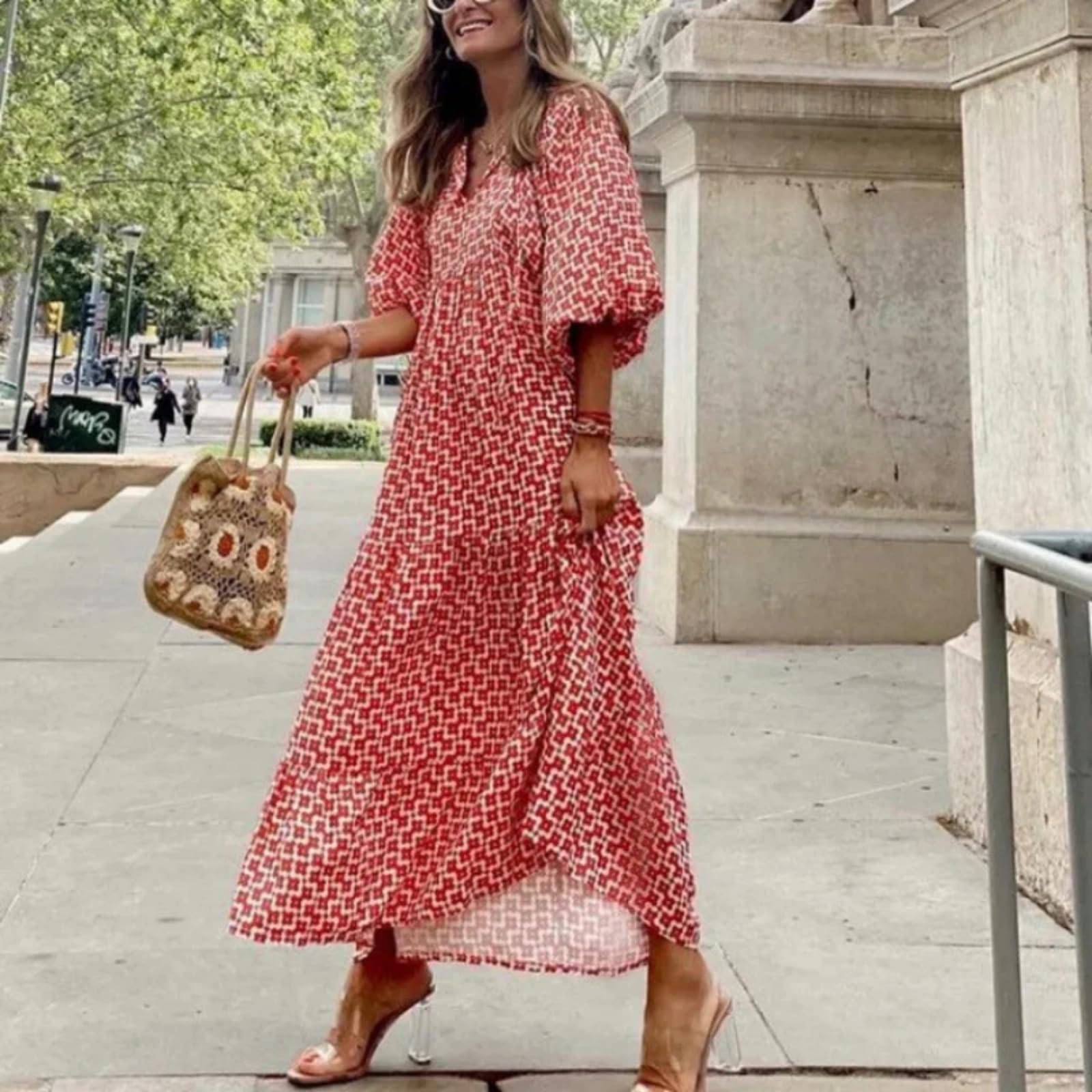 Vestido Largo de otoño de Escote en V con Mangas abullonadas y Multicolor Estampado