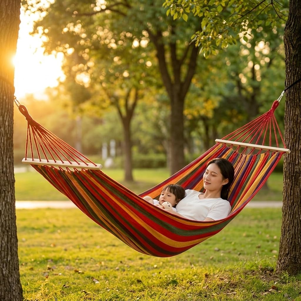 Hamac Exterieur à Suspendre Pliable, Toile résistante avec Barres en Bois, Anti-basculement pour Camping et Jardin, Hamac Anti-basculement Le