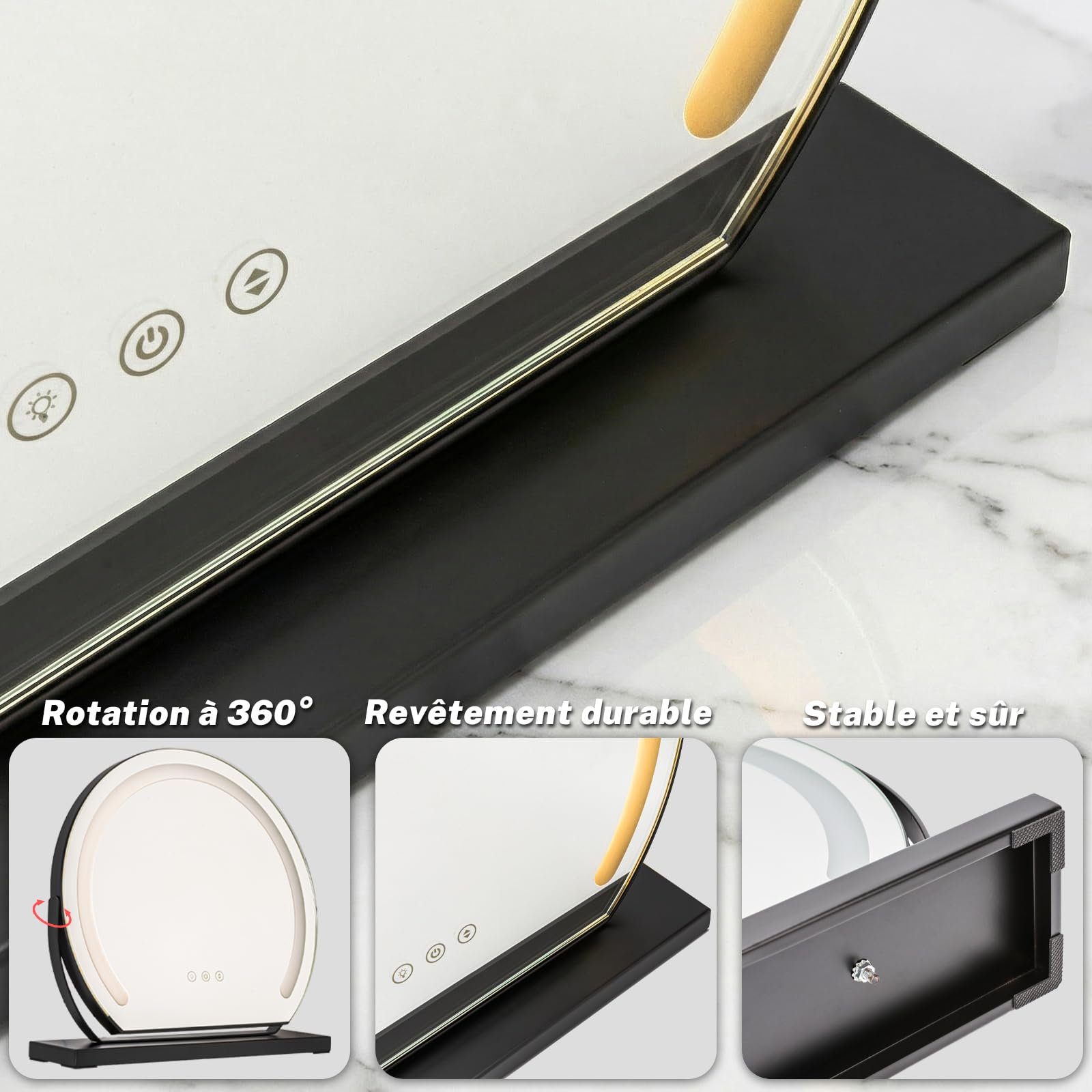 Miroir Maquillage Lumineux Rond 40cm, LED Miroir Coiffeuse cosmétique éclairé Coiffeuse, 3 températures de Couleur Touche Contrôle Tactile Luminosité Réglable Angle réglable, Plug & Play
