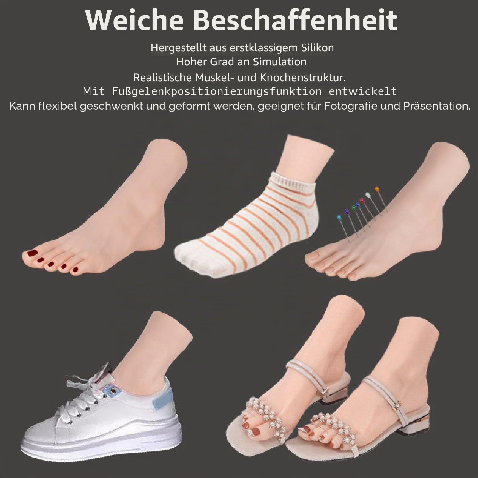 Premium Silicon Foot Mannequin, Lebensechte Flexible Gelenkpositionierungsmodell für Nagelkunst -Fotoshooting -Display, Geeignet für Schönheitstraining (Rechter Fuß)