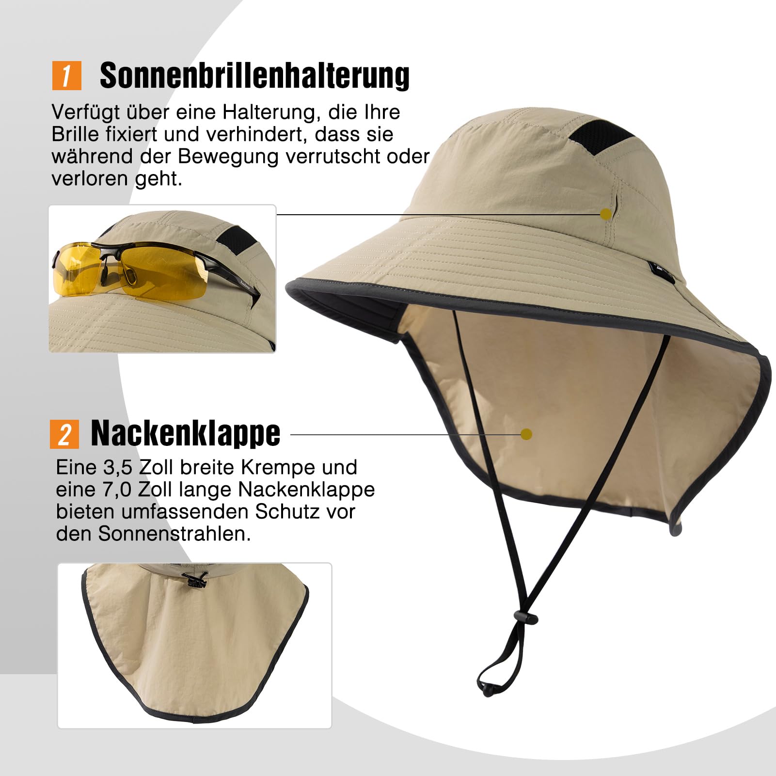 TOP-EX Chapeau de soleil unisexe à large bord pour homme avec protection de la nuque, porte-lunettes de soleil, chapeau d'été pour safari, chapeau d'été imperméable et pliable