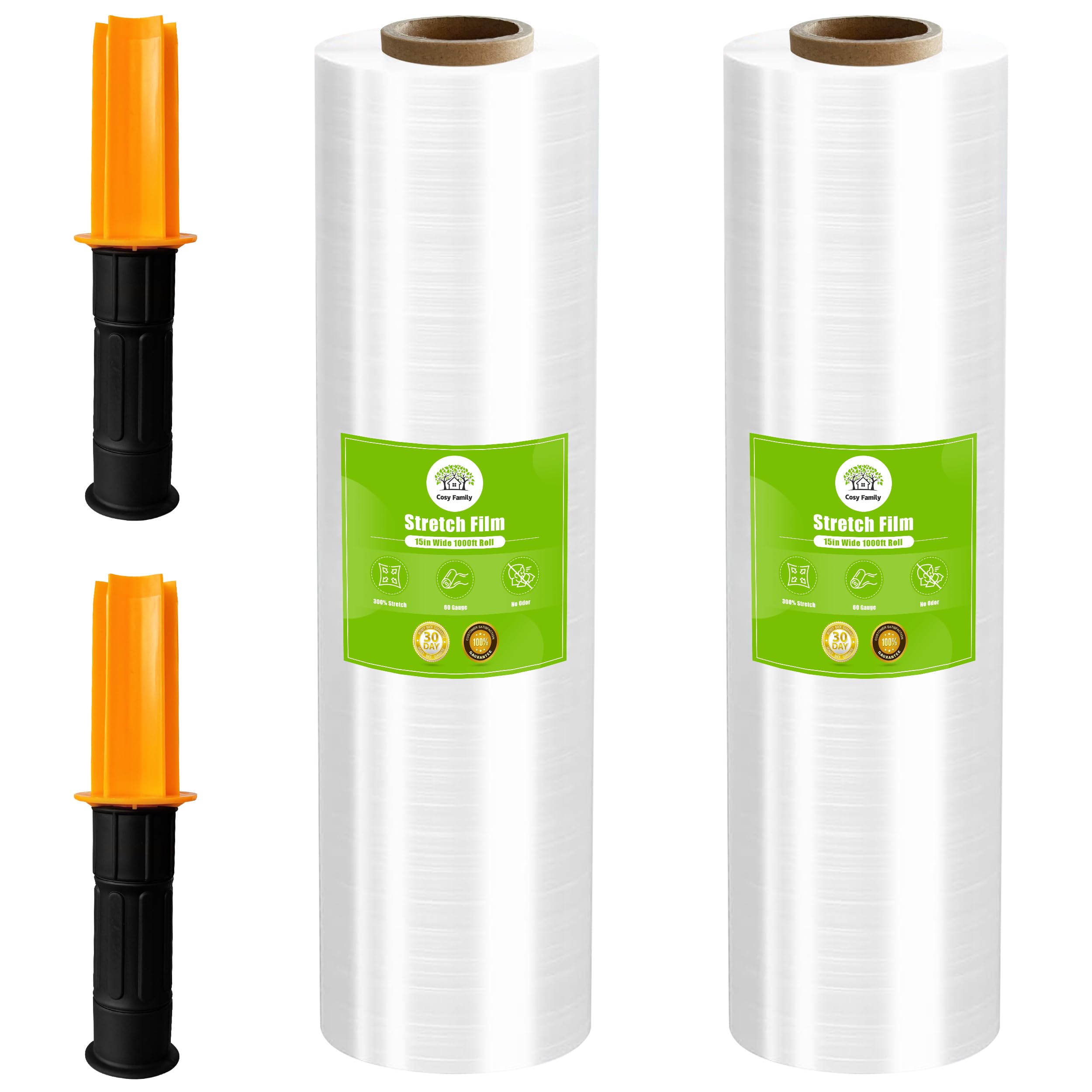 Cosy Family Plastic Wrap Stretch Film Roll - 1000ft 60 Gauge Industrial Strength 15 inch Wide Clear Plastic Wrap Roll with Handles for Pallet Wrapping Shipping Moving - Clear, Pack of 2