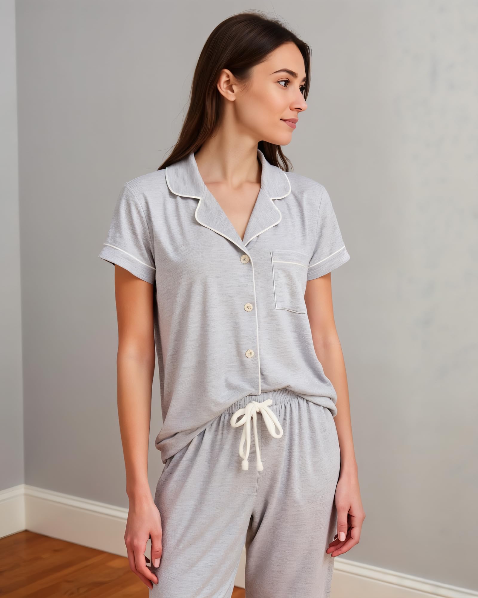 BORN Womens Button Down Pajama Set, Short Sleeve PJ Set with Pants | Soft & Breathable (Grey, X-Large)