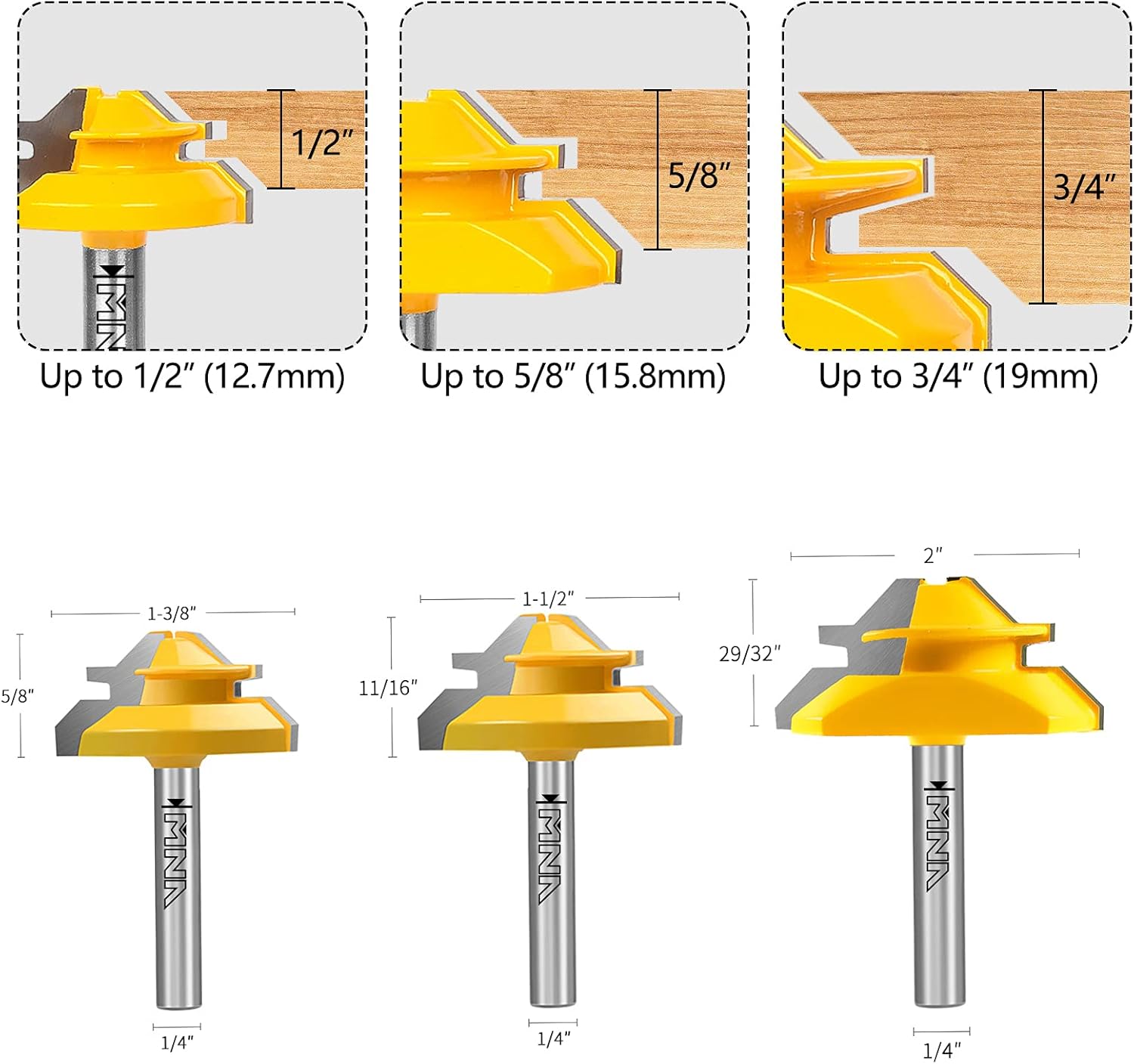 MNA 45 Degree Lock Miter Router Bit 3-Piece Set, for 1/2”, 5/8”, 3/4” Cutting Height, 1/4 Inch Shank. Easy to Create Lock Miter Joint - - 