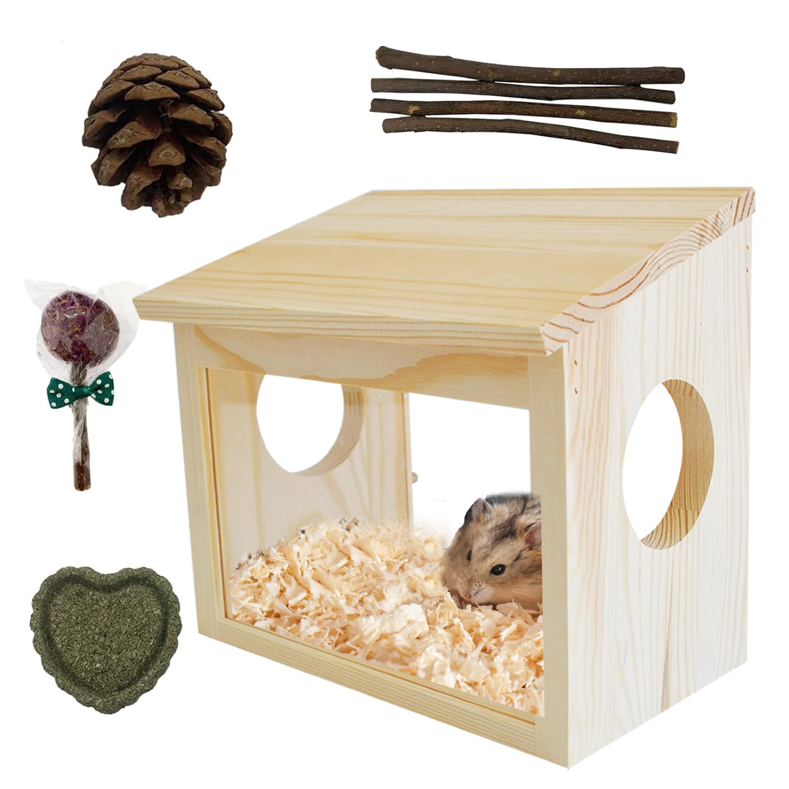 MUYG Sand Bath Box for Hamster,Visible Small Animal Digging Box Wooden Chinchilla House Hideout Dust Bath Hamster Bathroom Accessories with Acrylic