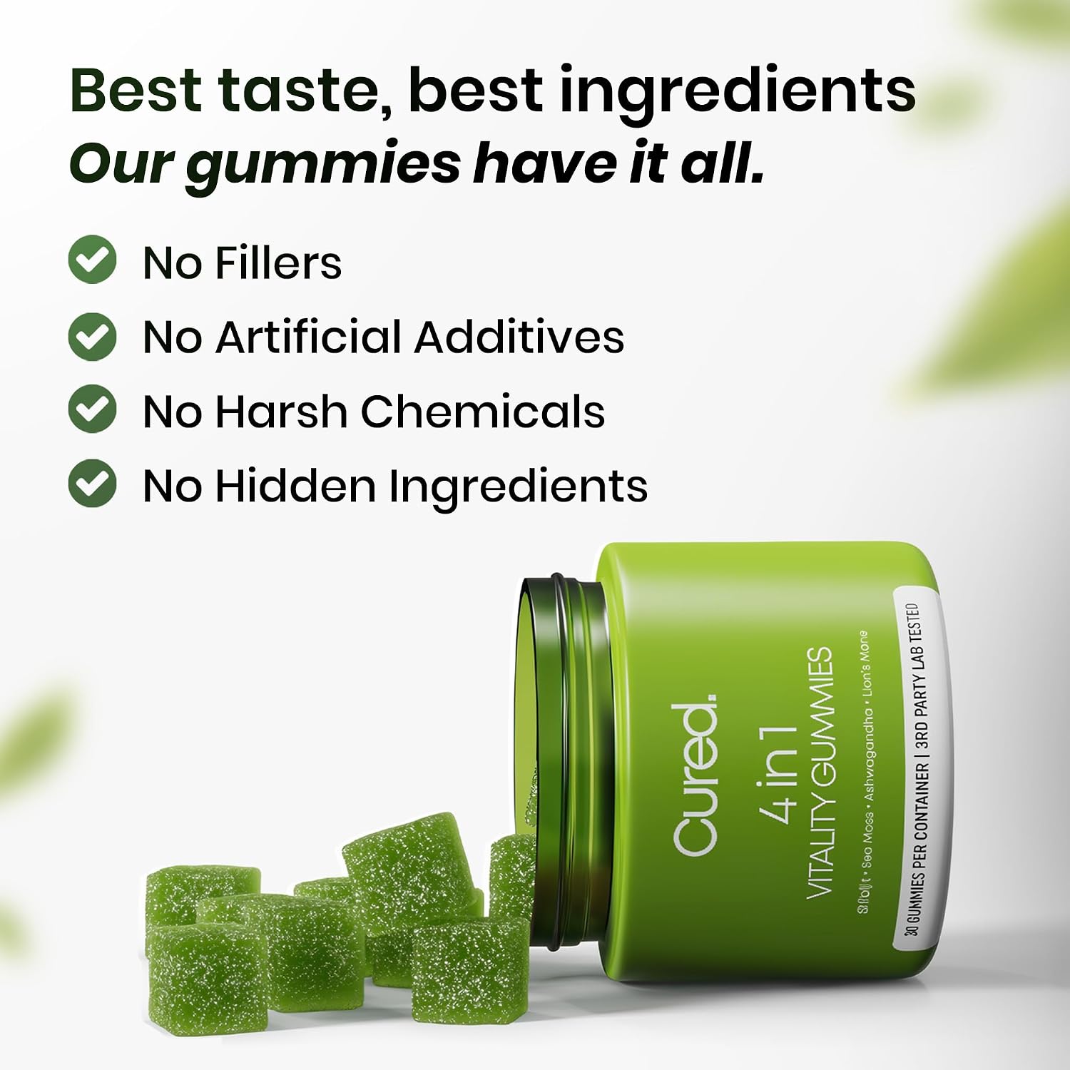 Cured 4 in 1 Gummies for Vitality with Pure Himalayan Shilajit for Men & Women, Lions Mane Mushroom, and Sea Moss Ashwagandha Supplements | Vegan & Non-GMO Neuropathy Supplements | Made in America