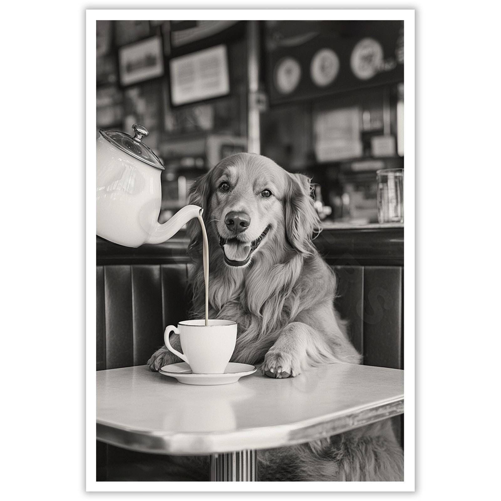 Golden Retriever Drinking Coffee Dogs Print Black And White Vintage Photography Funny Kitchen Wall Art Dining Room Decor Coffee Shop Room Decor