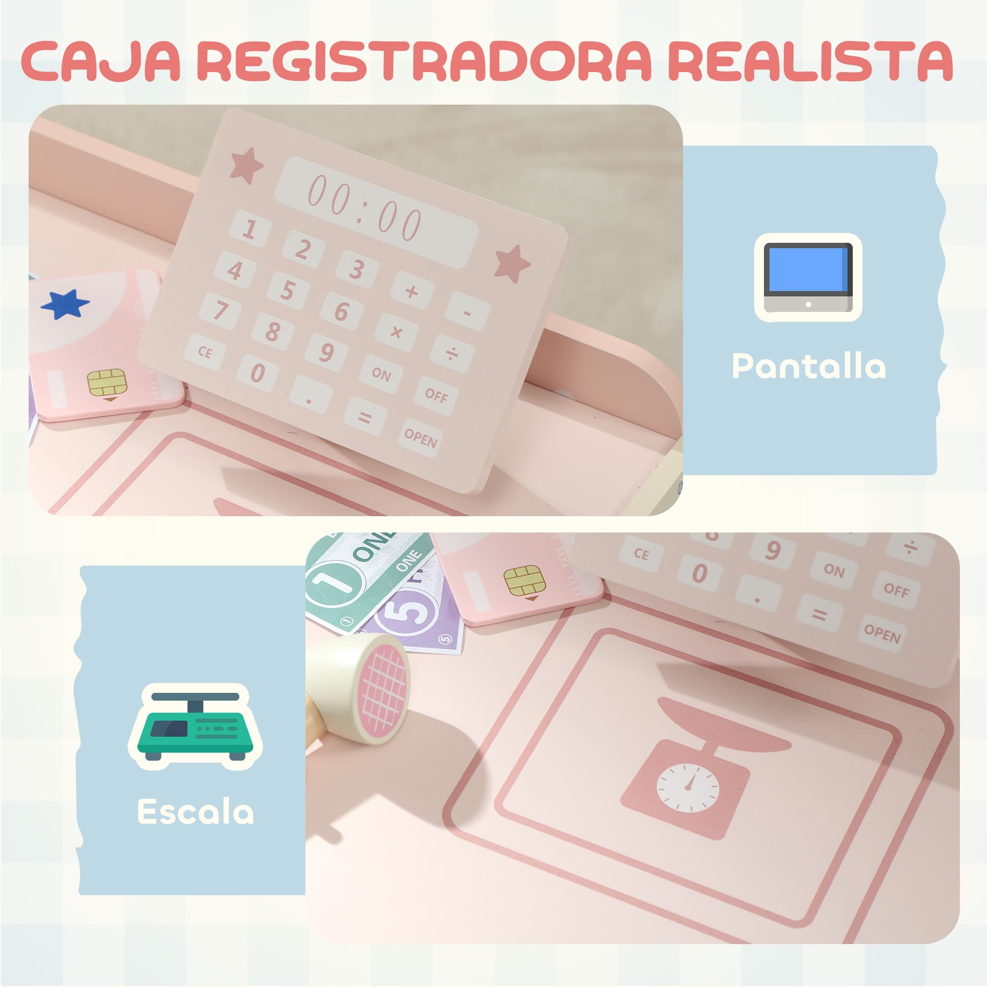 AIYAPLAY Supermercado Juguete Madera con Caja Registradora Rosa