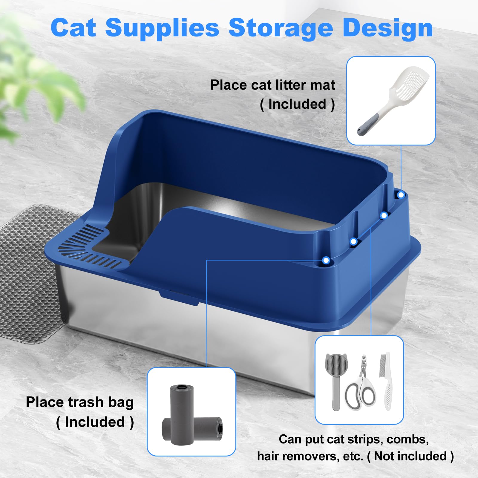 Non-stick Stainless Steel Litter Box, XL Side Opening Splash-Proof & Leak-Proof Seamless Seal, Ellenpent Large Capacity, Cat Litter Box with Lid for Multi-Cats, Large Cats, Easy-Clean & Durable (Blue) - image 3