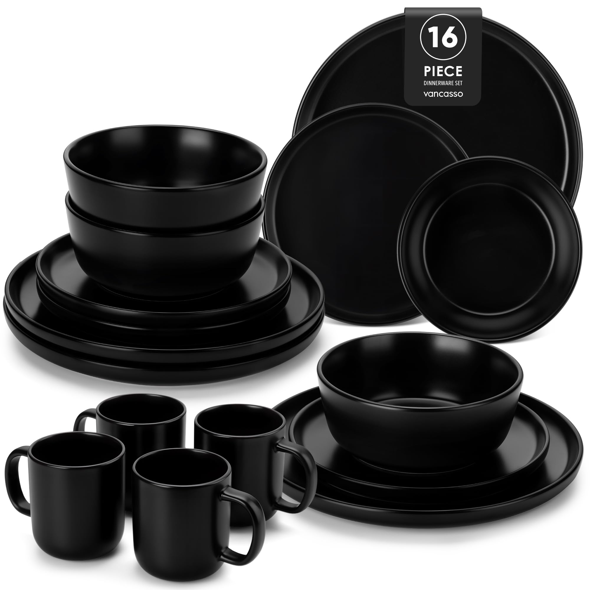 vancasso Playa Dinner Sets with Mugs, Modern Stoneware Dinnerware Sets, Elegant Dinner Service with Dinner Plates, Dessert Plate, Cereal Bowls, Microwave and Dishwasher Safe, Black, Set of 16 (for 4) — image 1