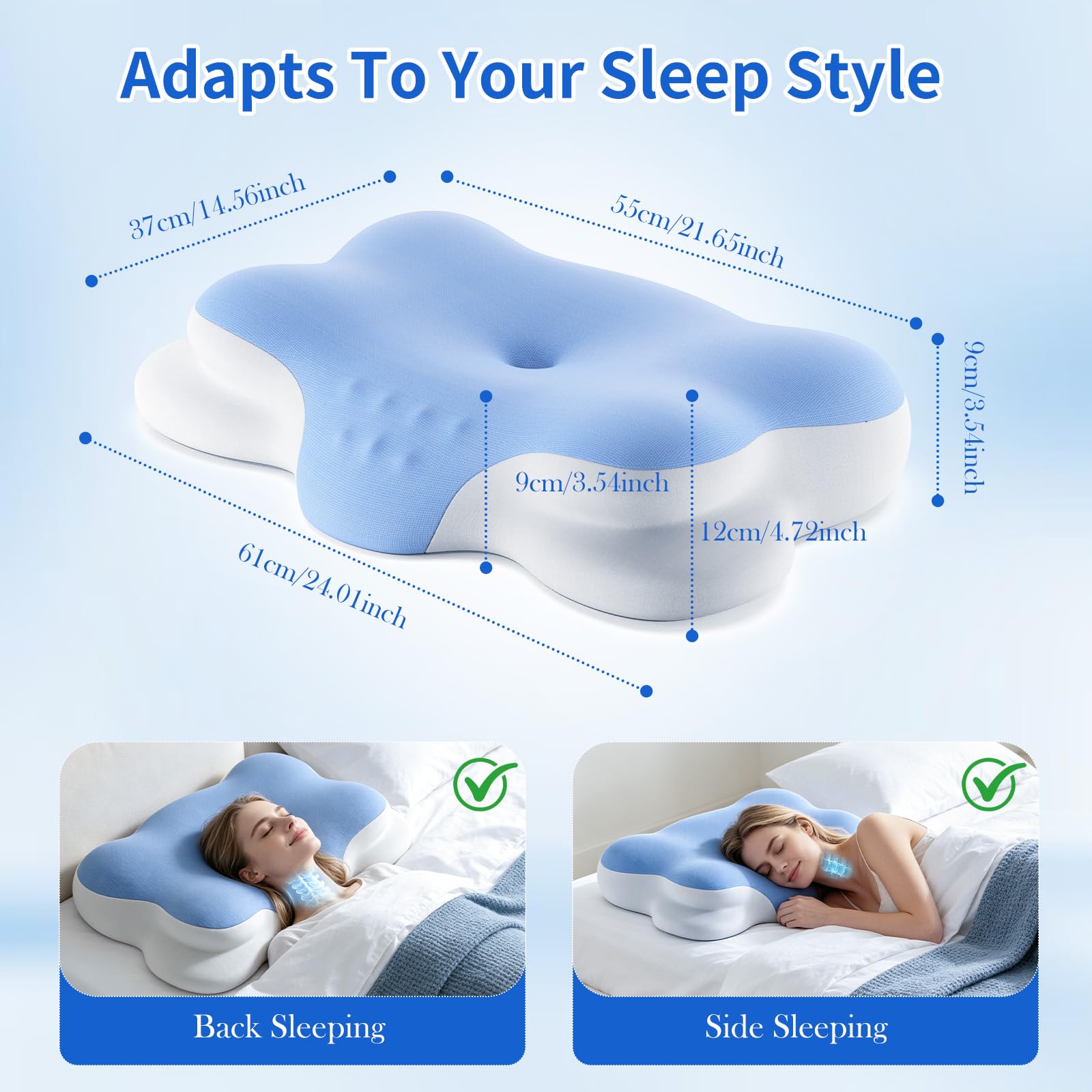 Cuscino Cervicale Memory Foam, Cuscino Ortopedico a forma di nuvola con federa rinfrescante per chi Dorme su un fianco sulla schiena e a pancia in giù