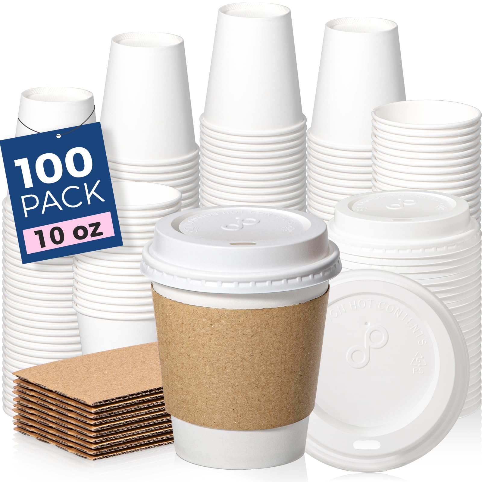 Fit Meal Prep 100 Pack 10 oz Disposable Coffee Cups with Lids, Sleeves, Leak-Proof To Go Coffee Cups with Lids, Durable Hot Paper Cups for Home, Office, Party, Business