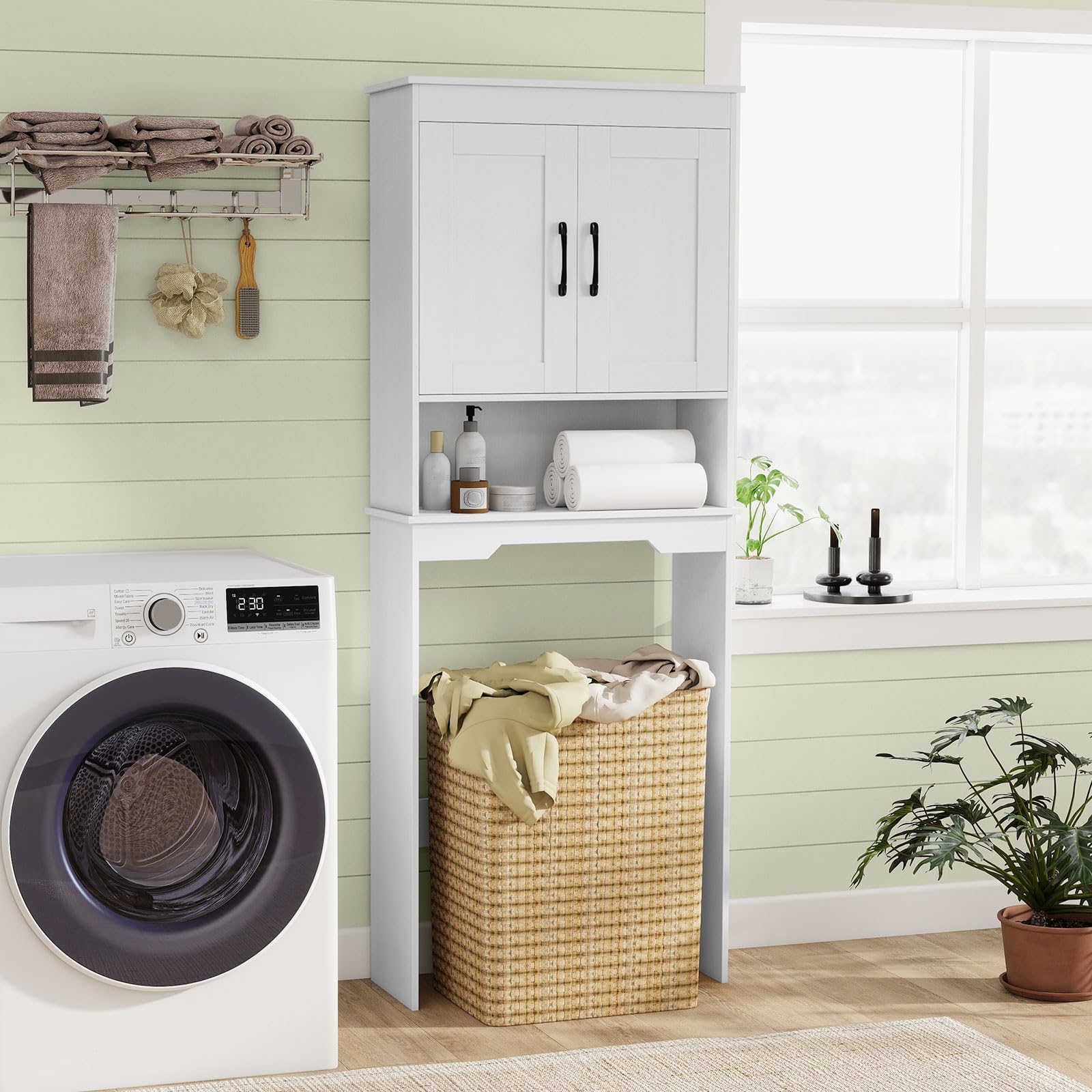 COSTWAY Armario sobre Inodoro, Organizador de Baño Independiente con 2 Puertas y Estante Ajustable, Ahorrador de Espacio sobre el Inodoro para Baño, Lavadero, 63 x 24 x 168 cm, Blanco