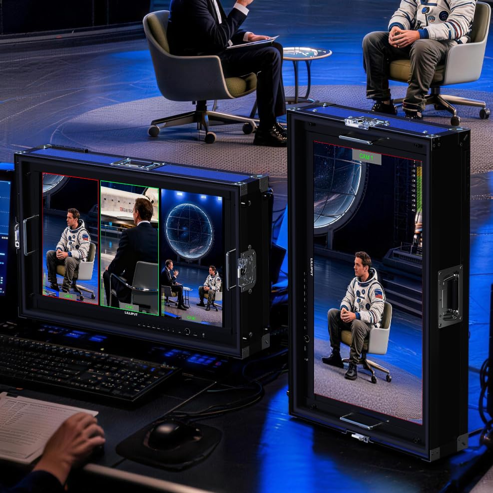 Image of LILLIPUT PVM270S 27 inch Multiview Broadcast Monitor - 1000 Nits, Dual 3G-SDI, Triple HDMI 2.0, 4-Channel Multiview, 3D LUT, HDR, Live Streaming Monitor (PVM270S-ABBP-CC with Gold Mount +Case)