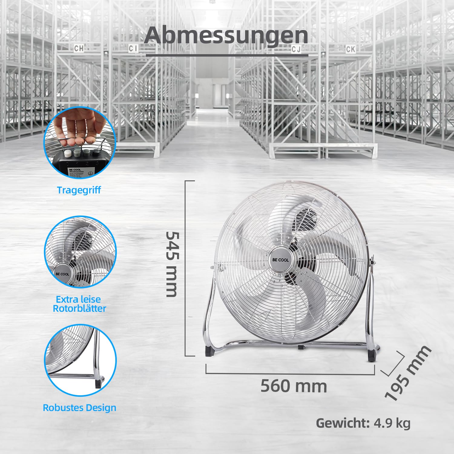 BE COOL Windmaschine 45cm BC45WM2205 – Ø 45 cm, 120 Watt, Aluminium-Design, Neigung stufenlos verstellbar, chrom