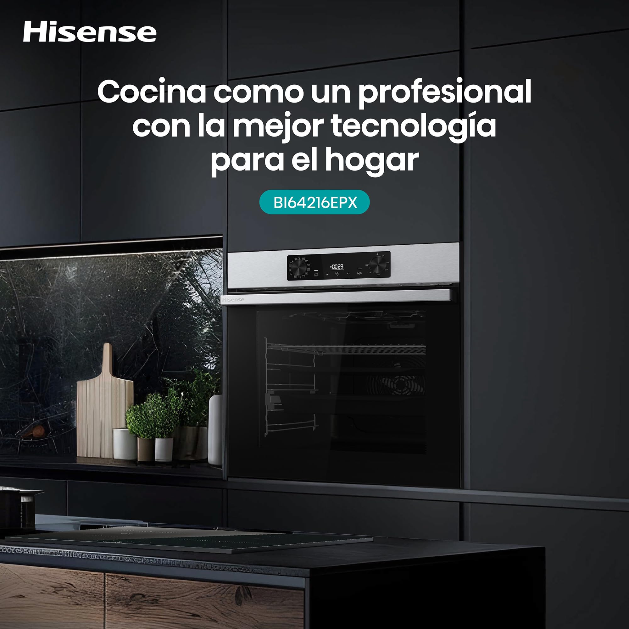 Hisense BI64216EPX - Horno Multifunción Pirolítico, Clase A++, 78L, Fondo 57cm, Guía Telescópica, Calentamiento Rápido, Apertura Y Cierre Suave de Puerta, Air Fry, Modo Pizza, Modo Congelados, Inox