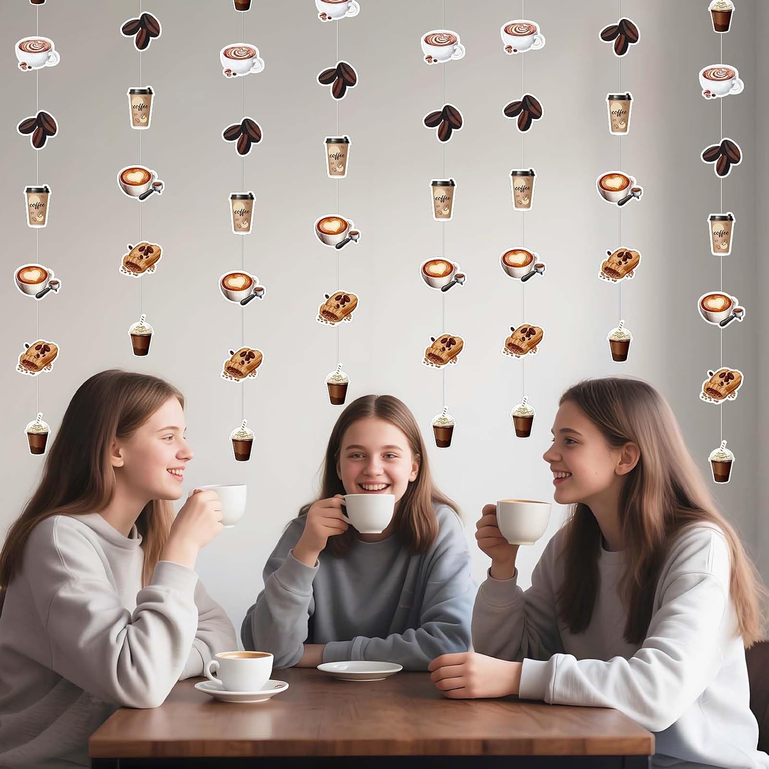 8Pcs Coffee Theme Streamers, Coffee Bean Cup Paper Garland for Birthday Baby Bridal Shower Bachelorette Latte Party, Cafe Shop Bar Hanging Decorations Supplies
