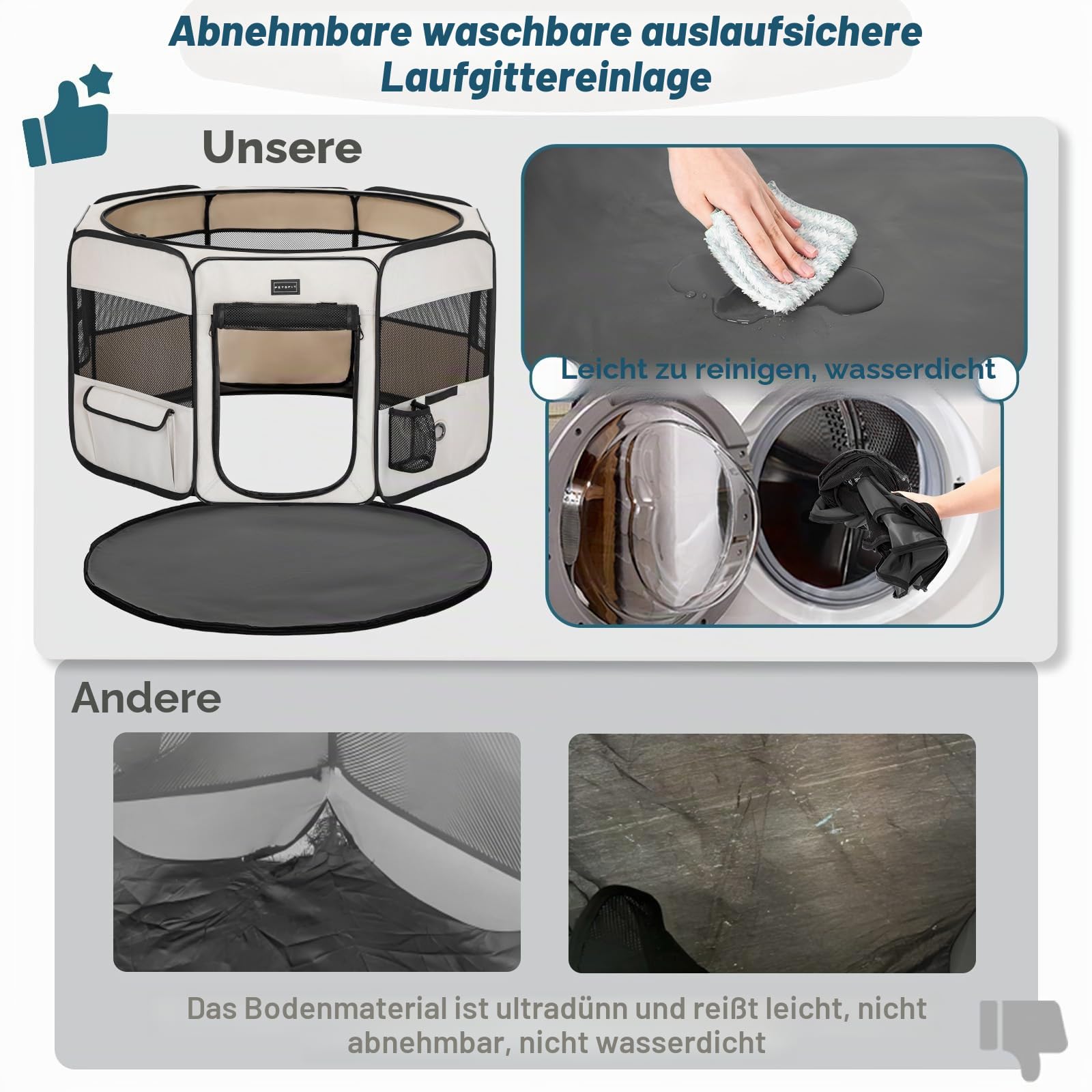 PETSFIT Hundegehege für den Innenbereich, Anti-Auslauf-Unterseite, faltbar, zusammenklappbar, Welpenlaufstall, kaufestes Design, Hunde-Laufstall innen, 116 × 106 × 72 cm, Beige