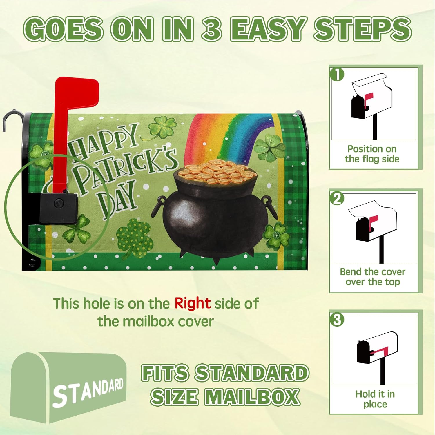 St Patricks Mailbox Cover - Shamrock Mailbox Covers Magnetic - Standard Size 21x18 in -Green Gold Coins Pot - for Garden Decor