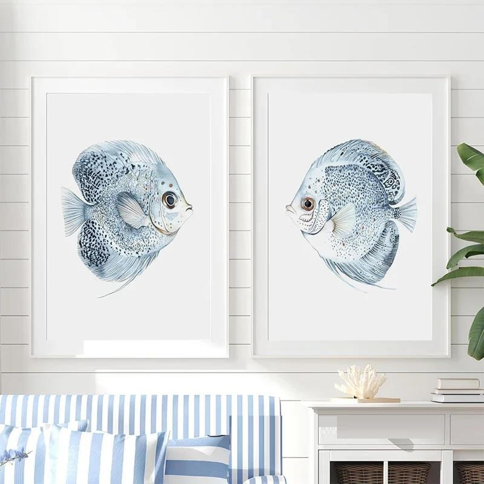 Baibexing Blue Watercolor Fish Coastal Marine Animals Poster Prints Canvas Painting Wall Art Picture For Living Room Home Decor 50X70Cmx2Pcs Unframed