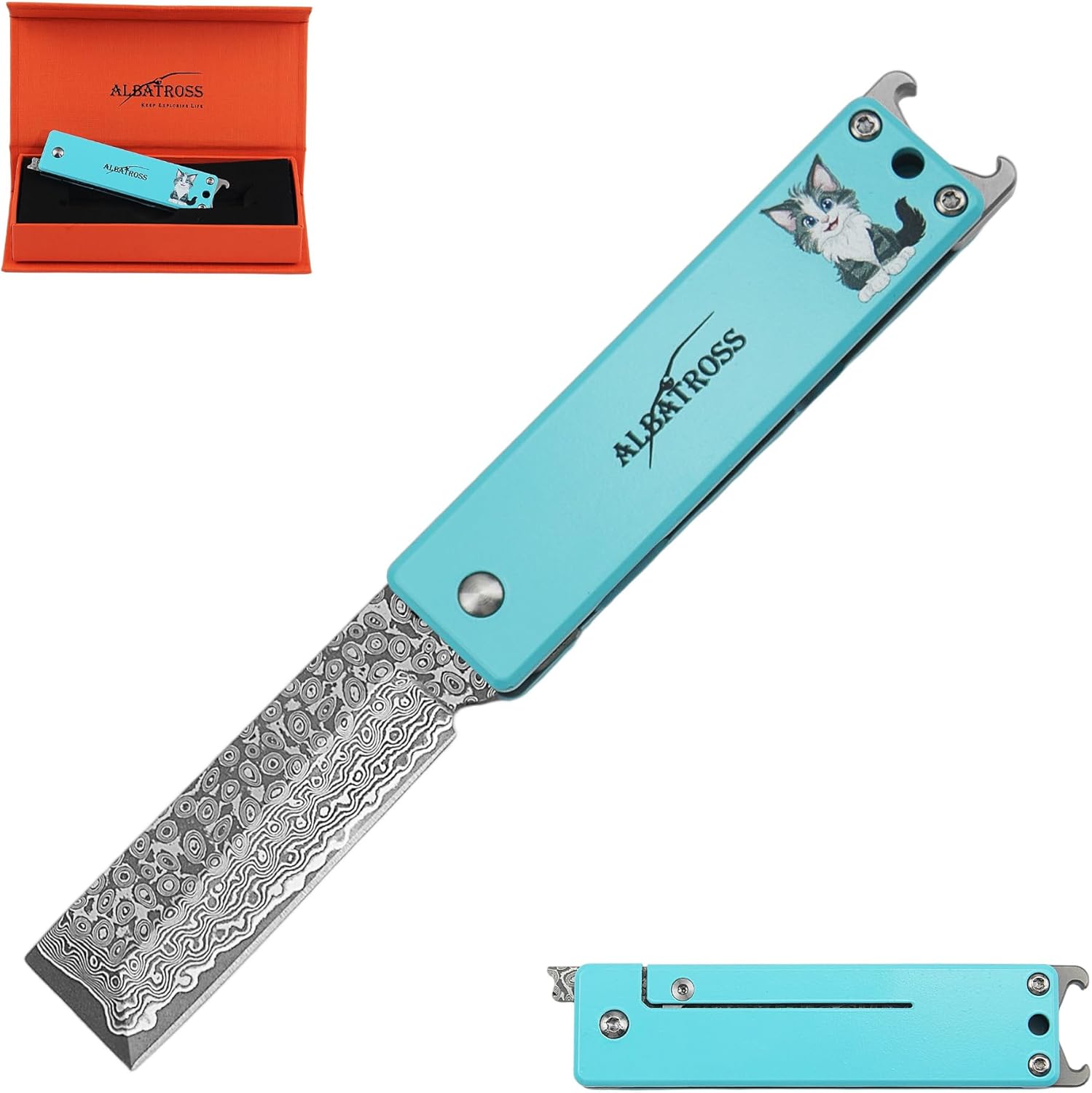ALBATROSS Blue Damascus Cute Cat Pattern Pocket Knife - Stocking Stuffer for Men, 3.5" Titanium Alloy, Box Cutter - EDC Keychain Gadgets with Bottle Opener, Mothers Day Fathers Day Gift for Cat Lovers