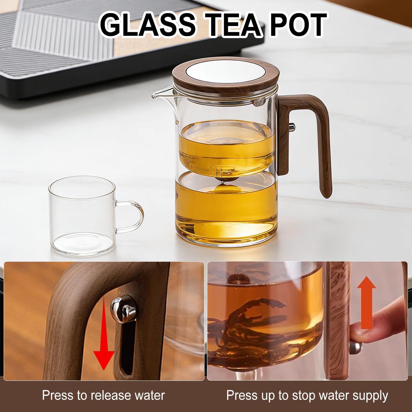 Teteras de Cristal,Tetera de cristal para separación de agua con filtro y mango de madera,Tetera mágica para té a Infusiones,tea infuser regalos para los amantes del té (600, Mililitros)