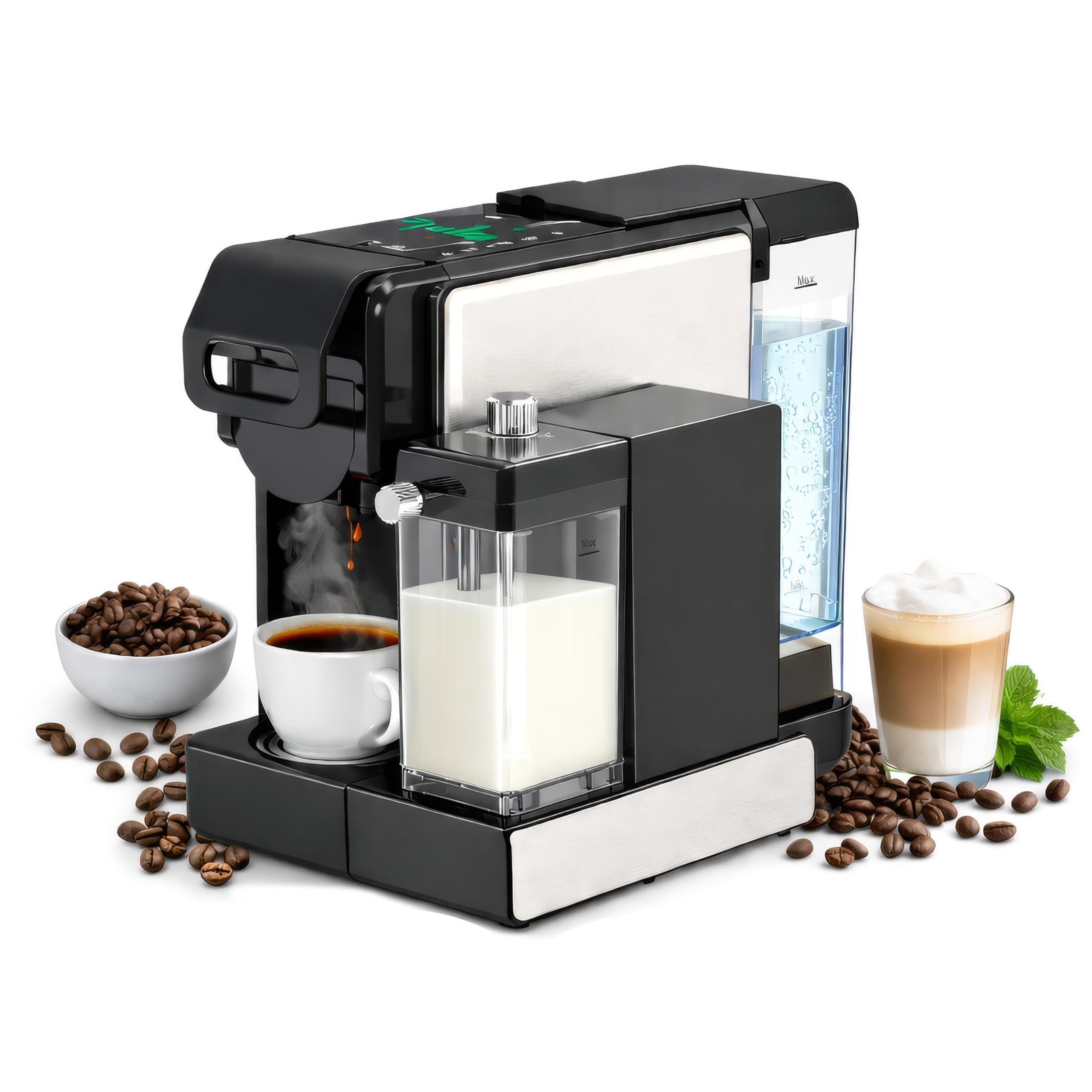 Kaffeemaschine, multikapsel-espressomaschine mit milchaufschäumer, 2850W leistung, 19 bar druck und 7 adapter, edelstahl