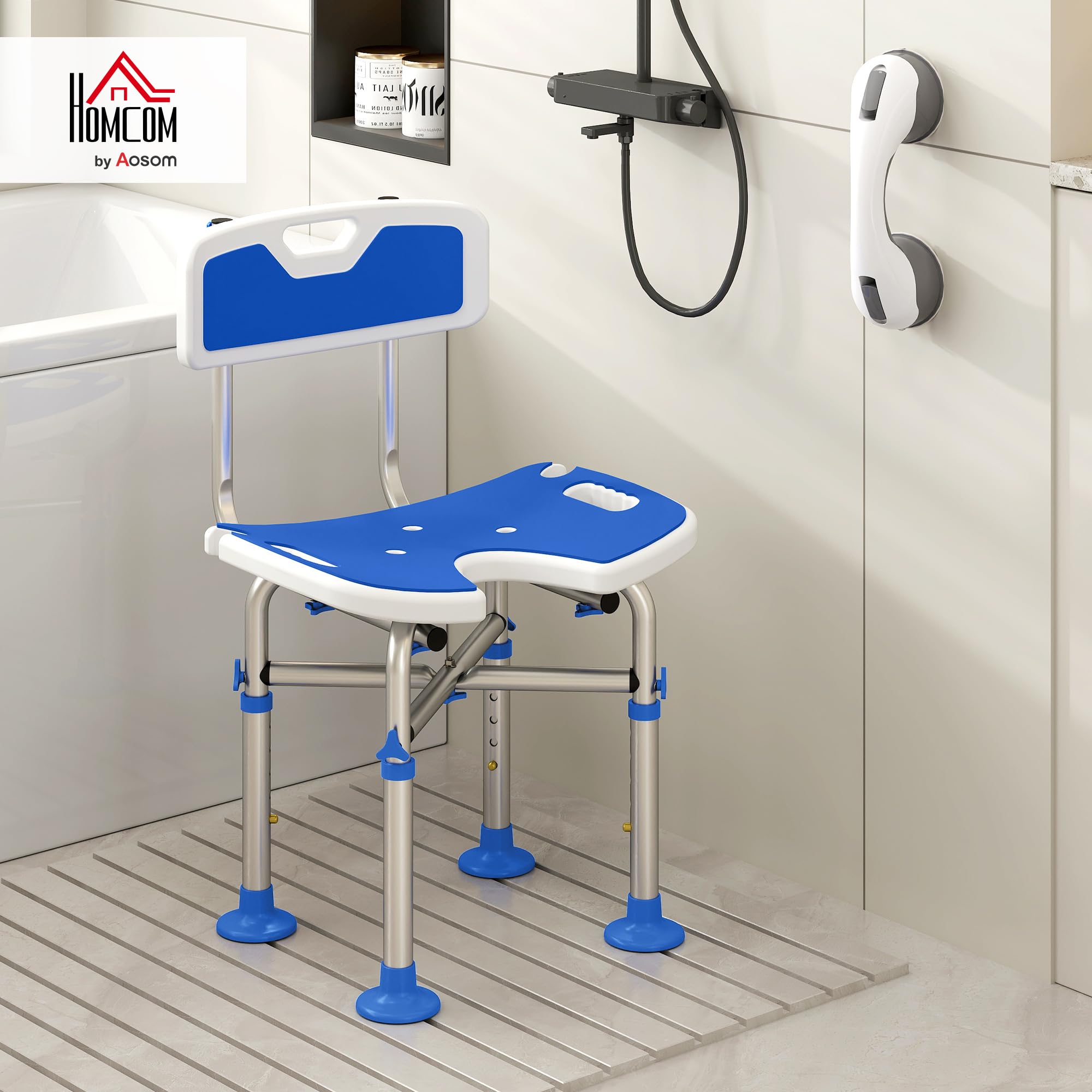 HOMCOM Silla Ducha Personas Mayores con Respaldo Antideslizante 150 kg | Altura Ajustable en 5 Posiciones, Soporte para Alcachofa, para Ancianos y Discapacitados